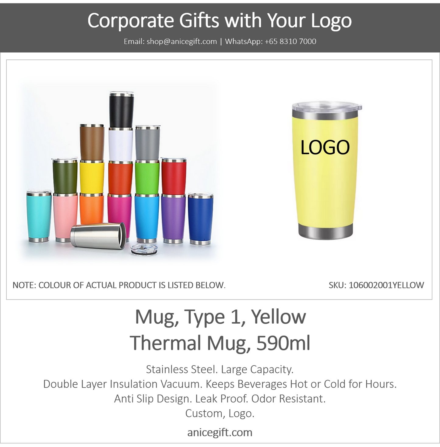 Mug, Type 1, Yellow | Thermal Mug, 590ml