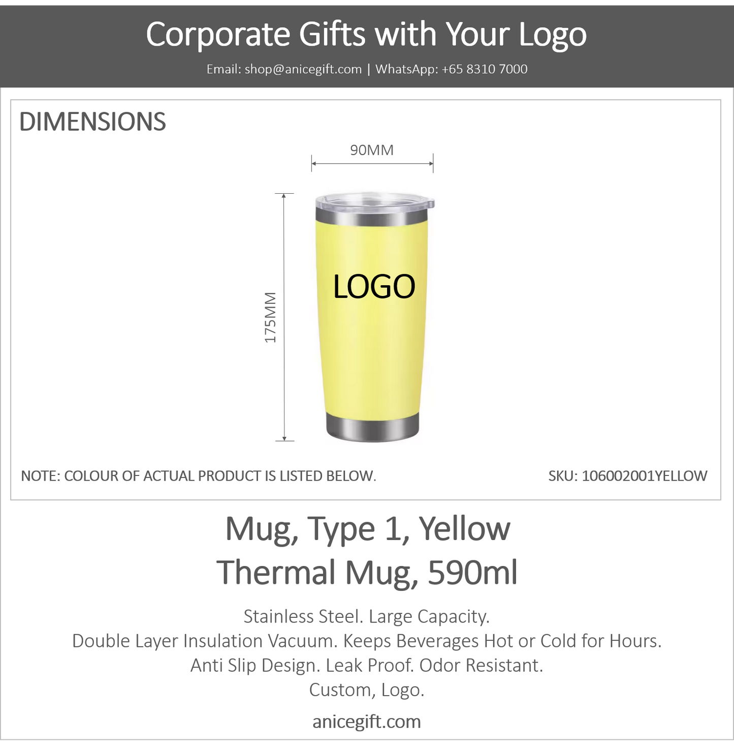 Mug, Type 1, Yellow | Thermal Mug, 590ml