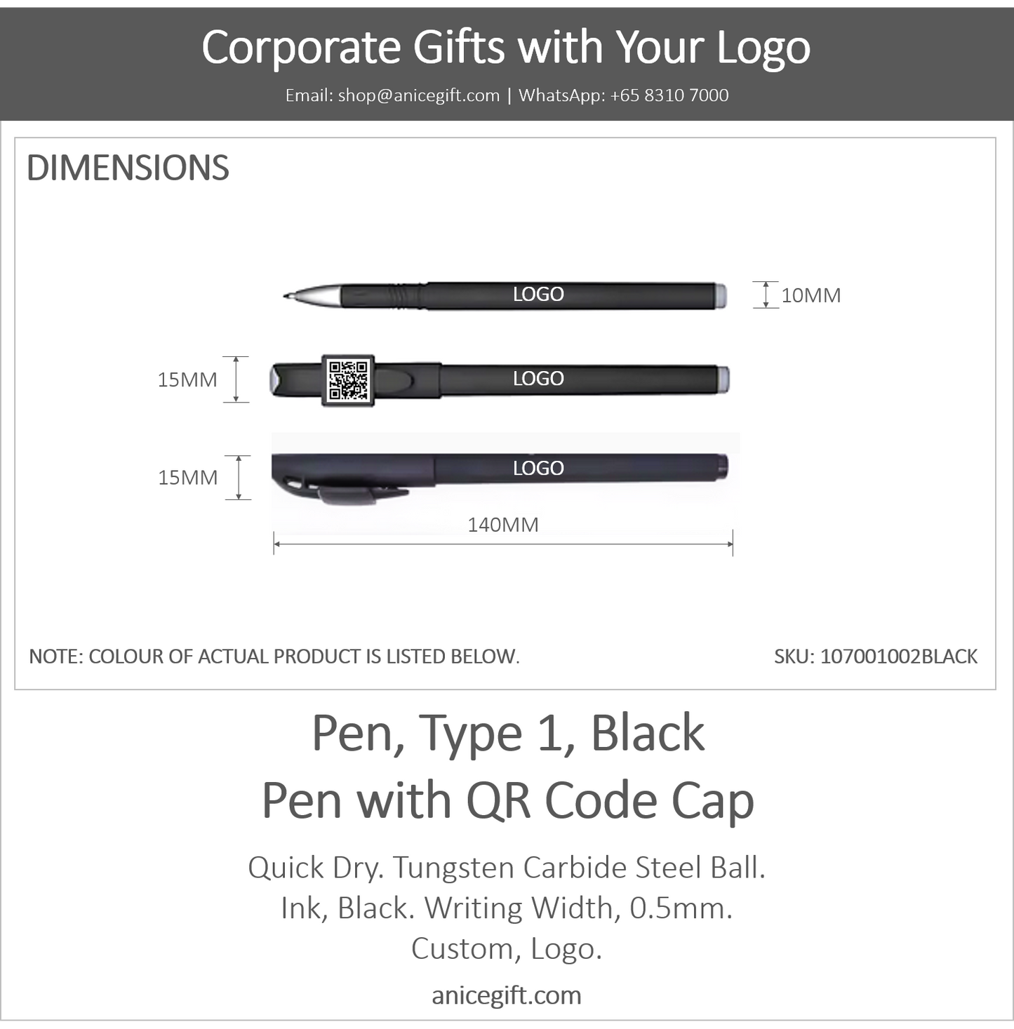 Pen, Type 2, Black | Pen with QR Code Cap