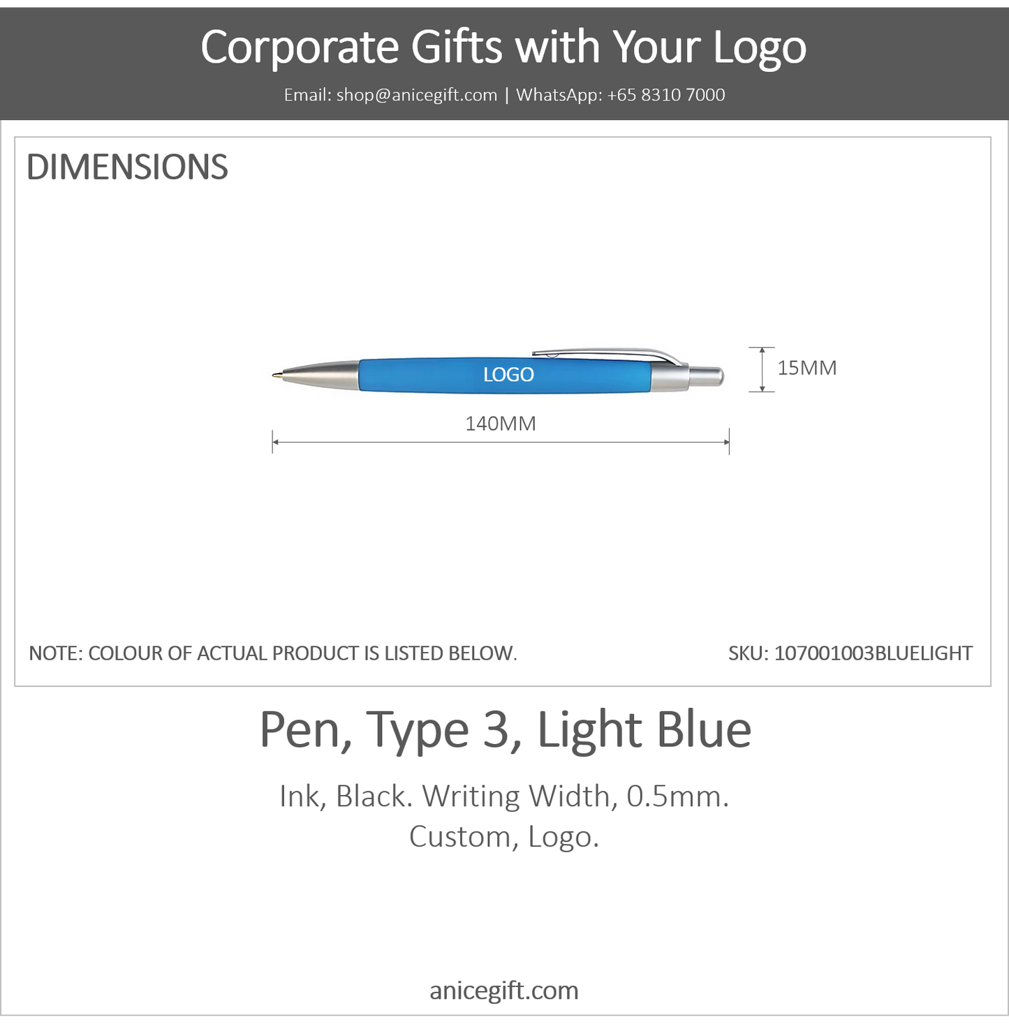 Pen, Type 3, Light Blue | Pen with Clip