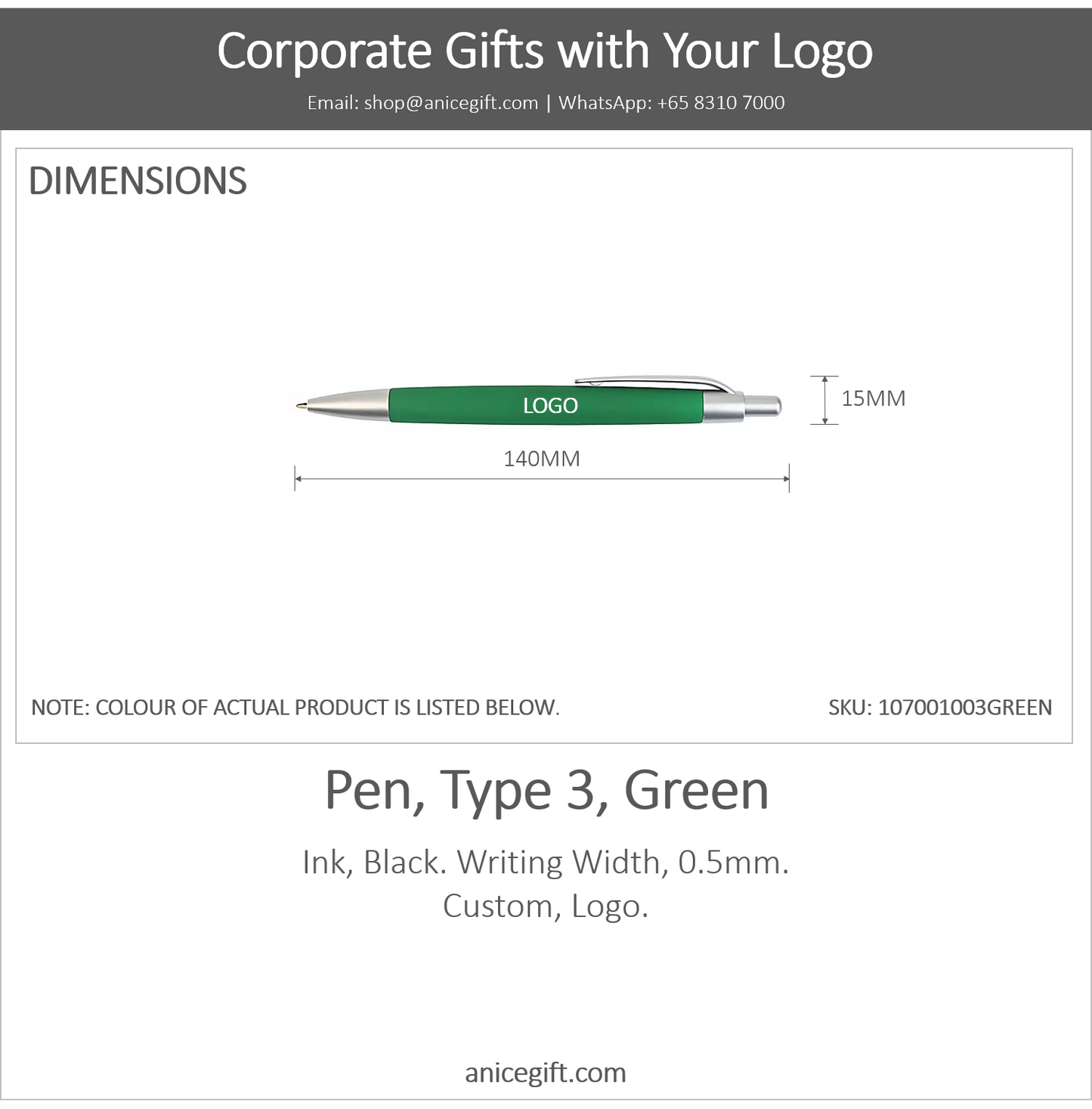 Pen, Type 3, Green | Pen with Clip