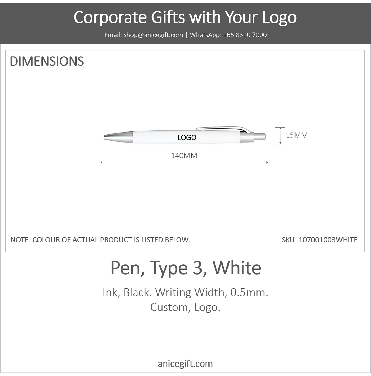 Pen, Type 3, White | Pen with Clip