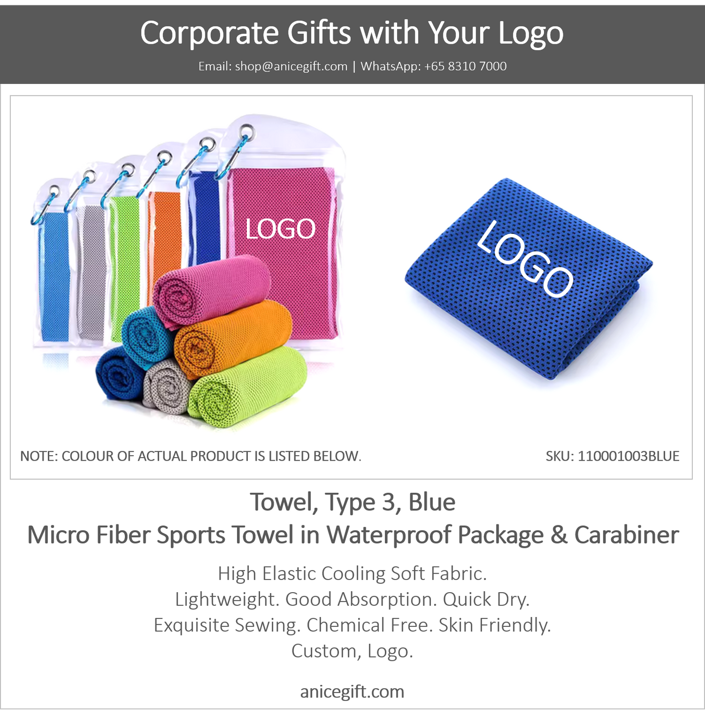 Towel, Type 3, Blue | Micro Fiber Sports Towel in Waterproof Package & Crabiner
