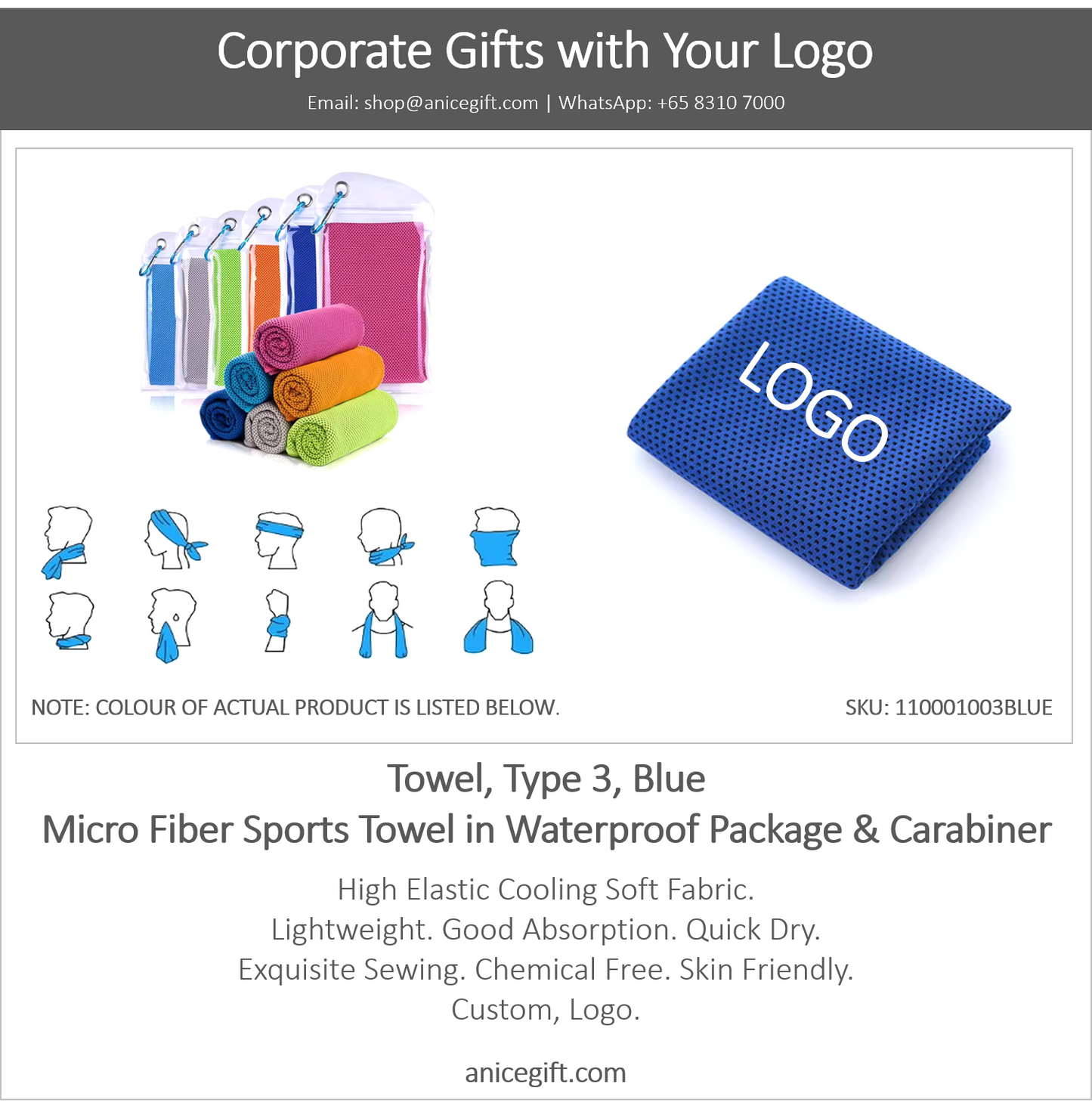 Towel, Type 3, Blue | Micro Fiber Sports Towel in Waterproof Package & Crabiner