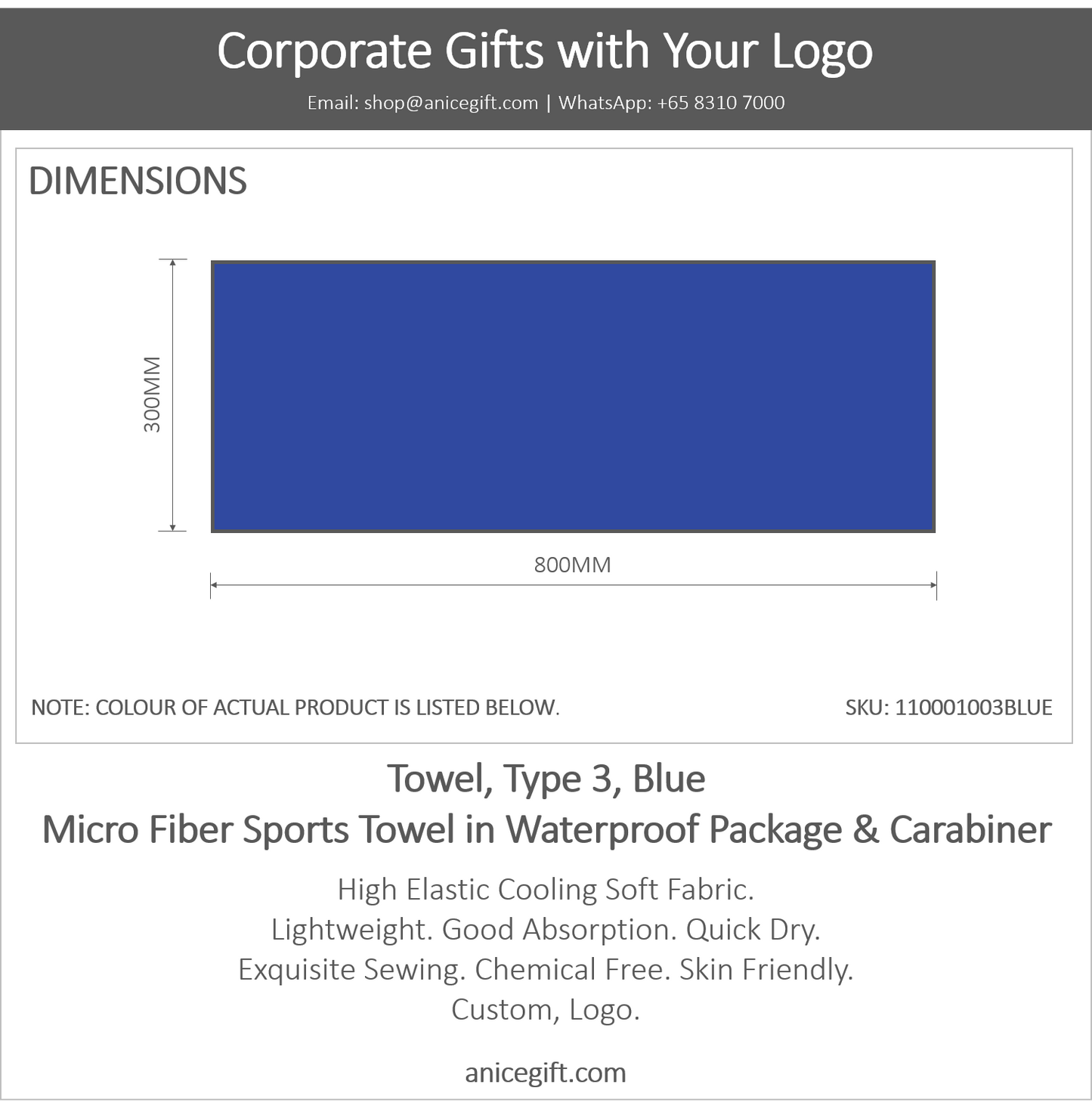 Towel, Type 3, Blue | Micro Fiber Sports Towel in Waterproof Package & Crabiner
