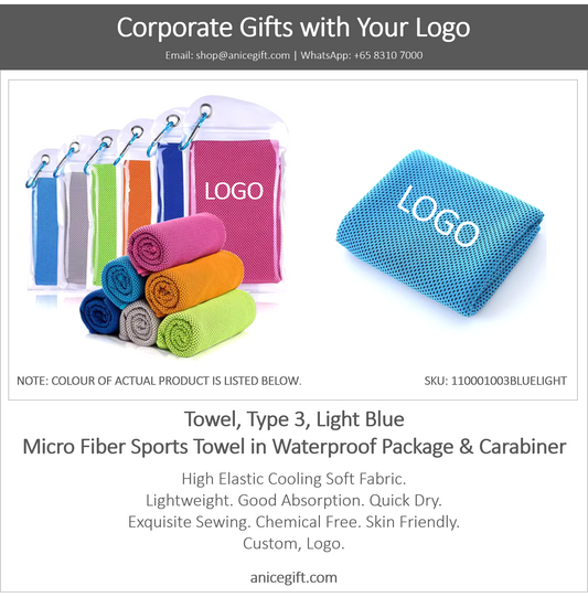 Towel, Type 3, Light Blue | Micro Fiber Sports Towel in Waterproof Package & Crabiner