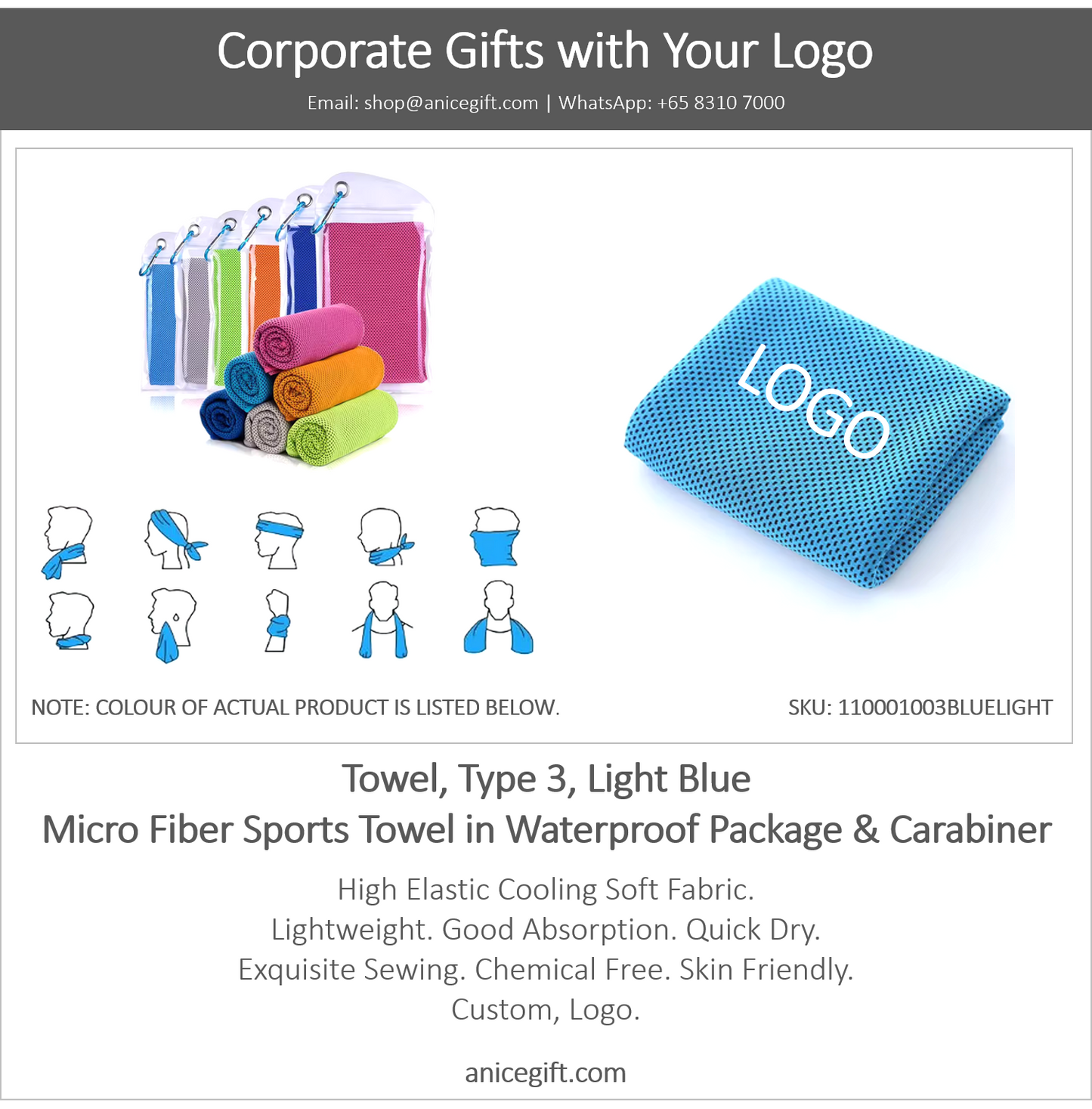 Towel, Type 3, Light Blue | Micro Fiber Sports Towel in Waterproof Package & Crabiner