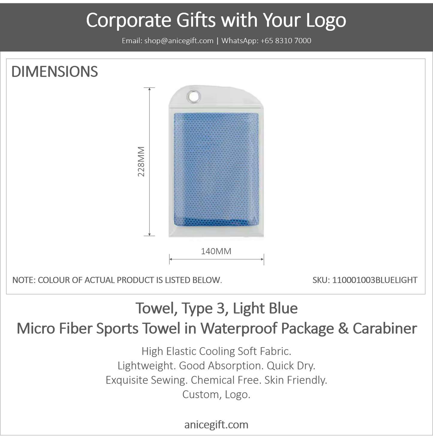 Towel, Type 3, Light Blue | Micro Fiber Sports Towel in Waterproof Package & Crabiner