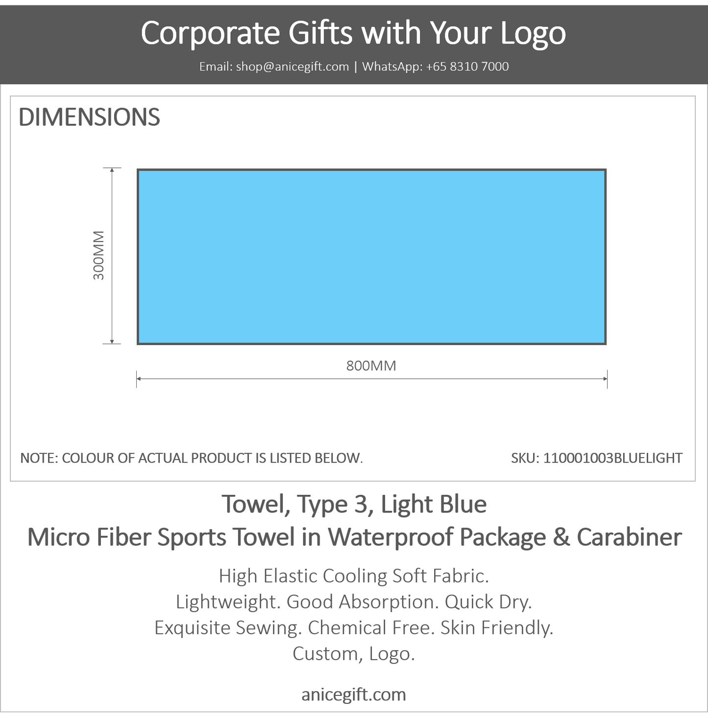 Towel, Type 3, Light Blue | Micro Fiber Sports Towel in Waterproof Package & Crabiner
