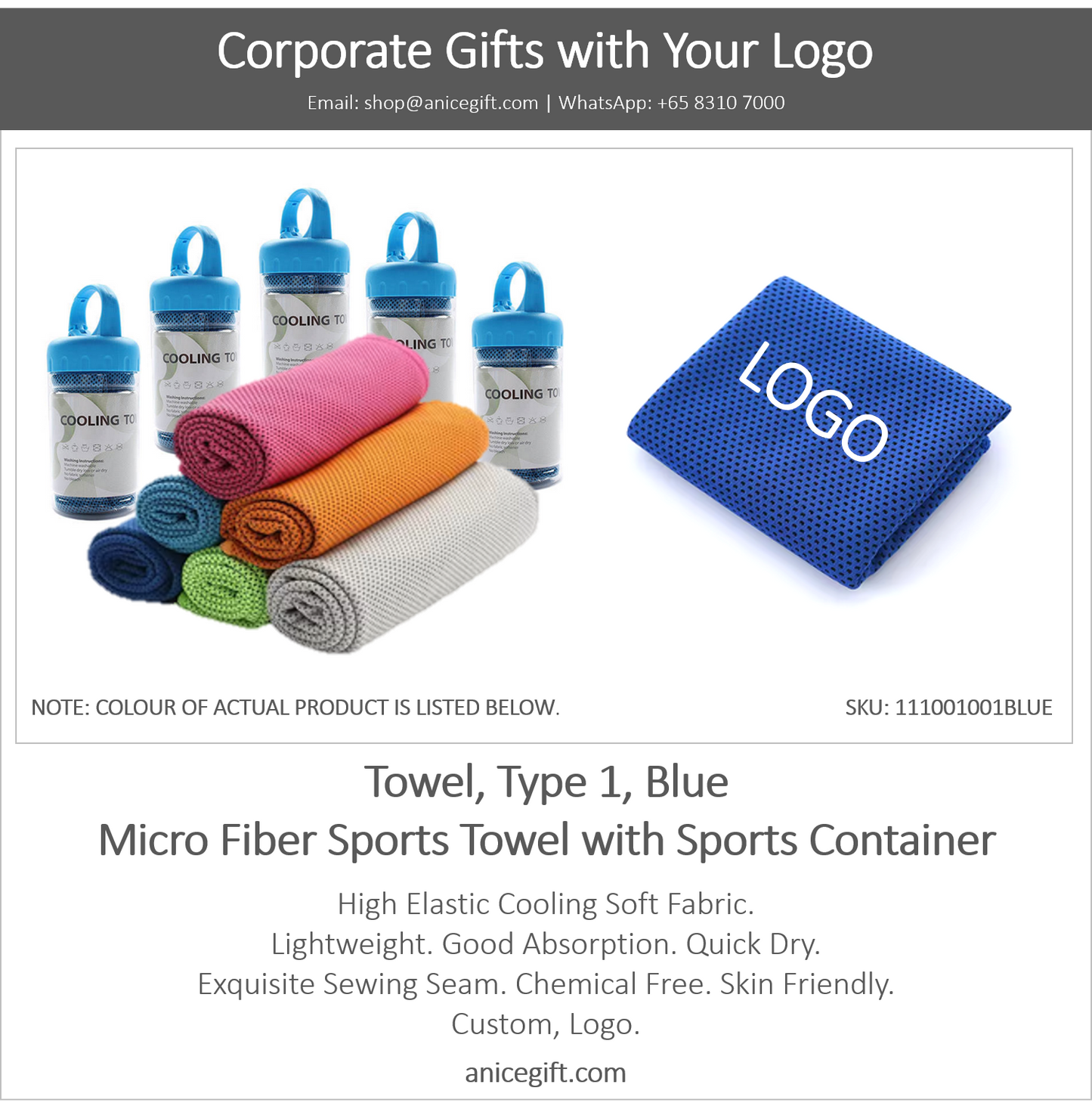 Towel, Type 1, Blue | Micro Fiber Sports Towel with Sports Container