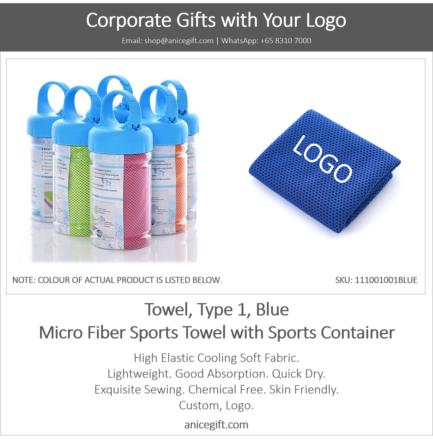 Towel, Type 1, Blue | Micro Fiber Sports Towel with Sports Container