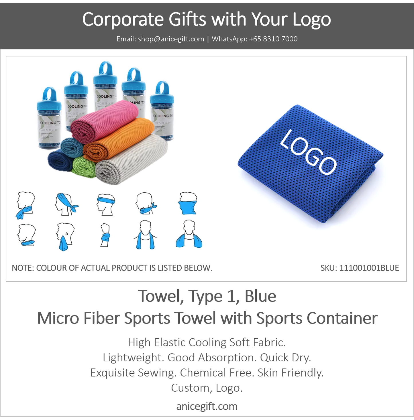 Towel, Type 1, Blue | Micro Fiber Sports Towel with Sports Container