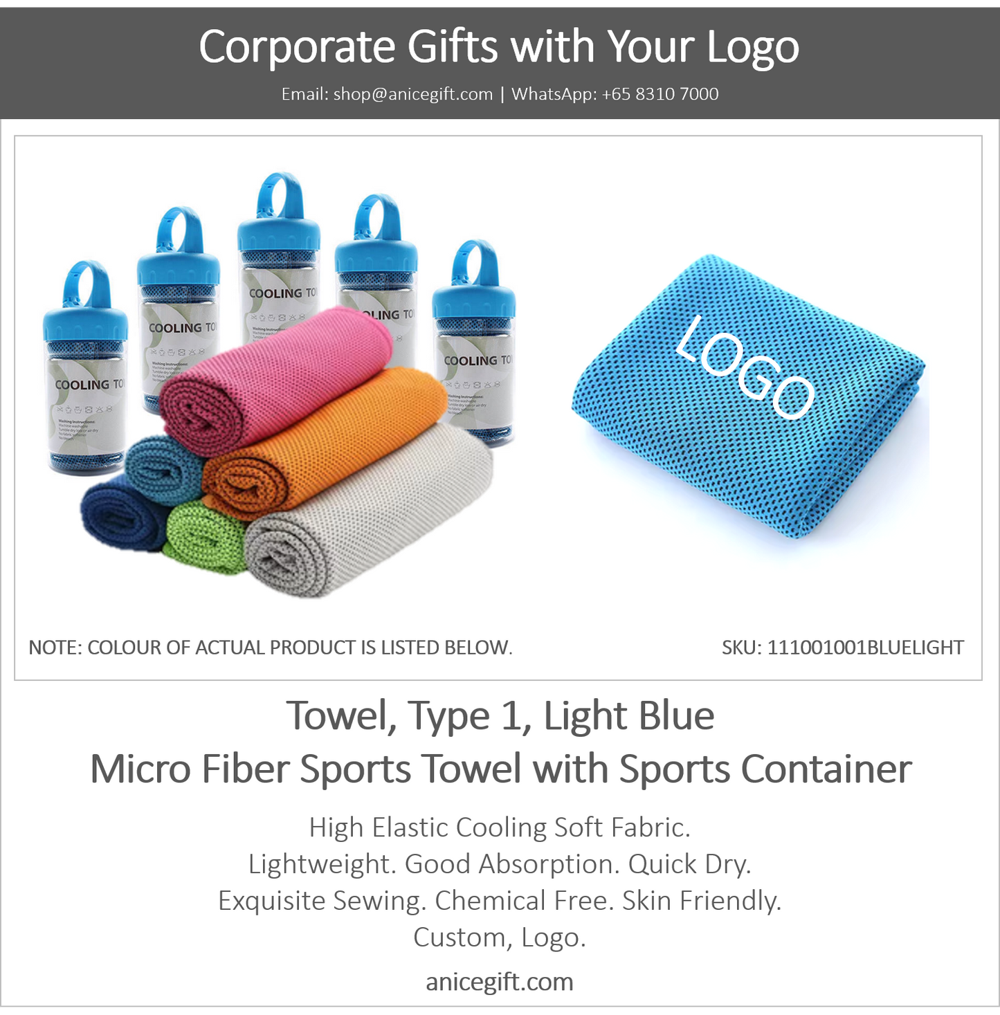 Towel, Type 1, Light Blue | Micro Fiber Sports Towel with Sports Container
