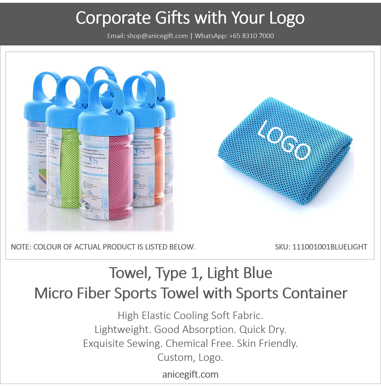 Towel, Type 1, Light Blue | Micro Fiber Sports Towel with Sports Container