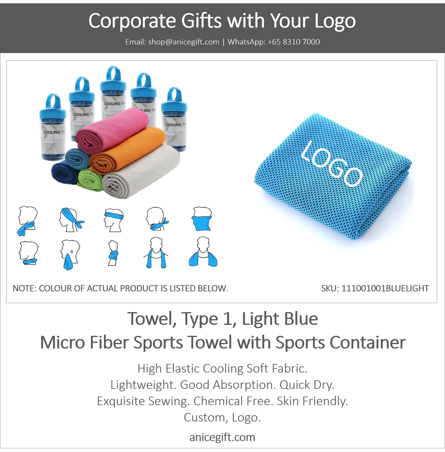 Towel, Type 1, Light Blue | Micro Fiber Sports Towel with Sports Container
