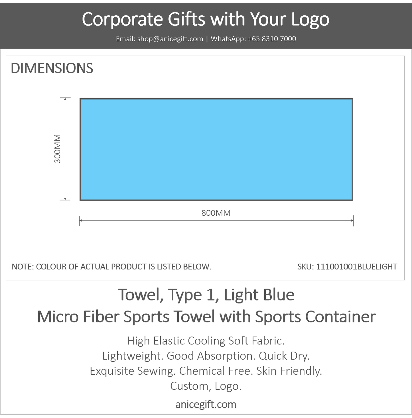 Towel, Type 1, Light Blue | Micro Fiber Sports Towel with Sports Container