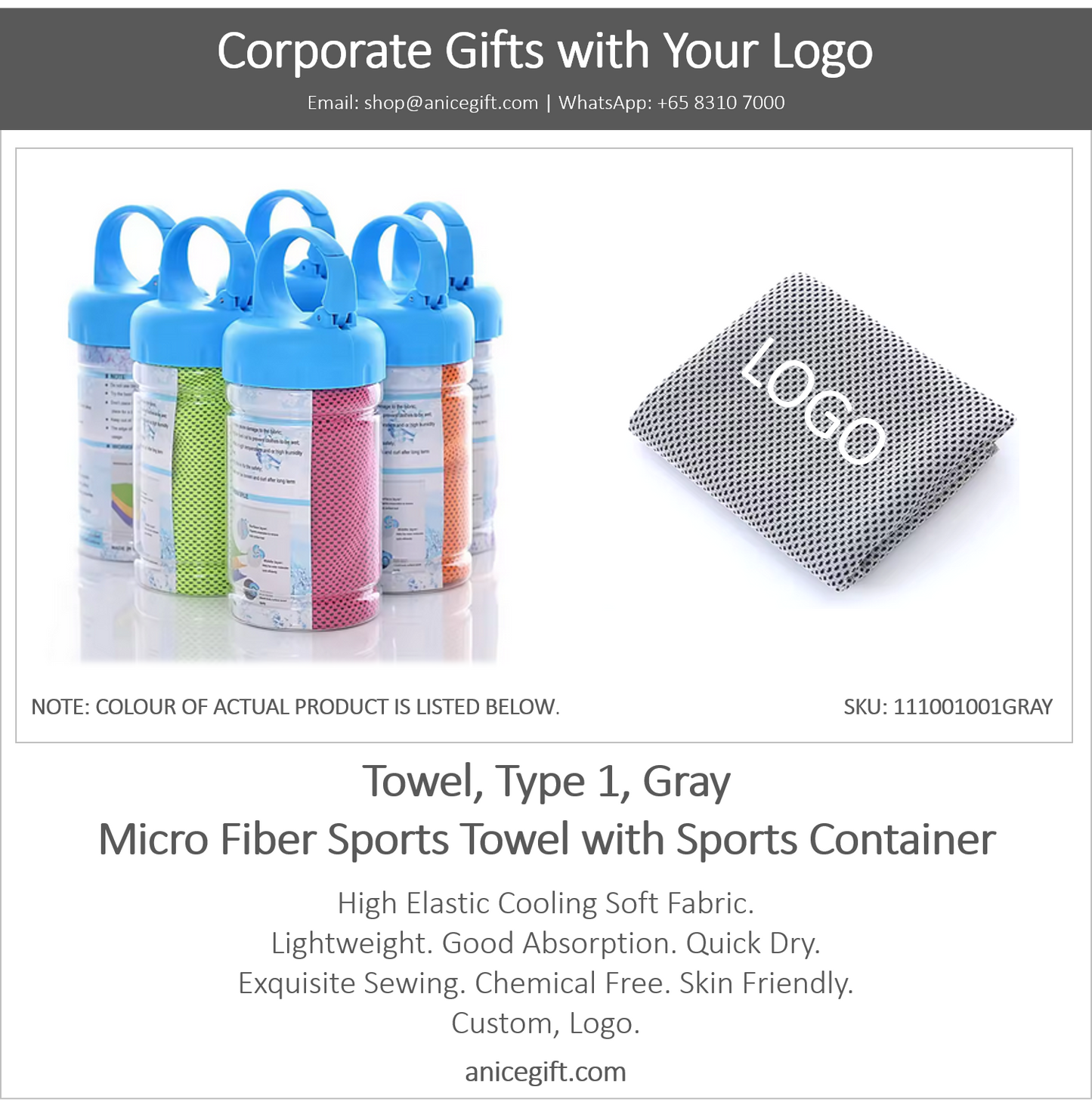 Towel, Type 1, Gray | Micro Fiber Sports Towel with Sports Container