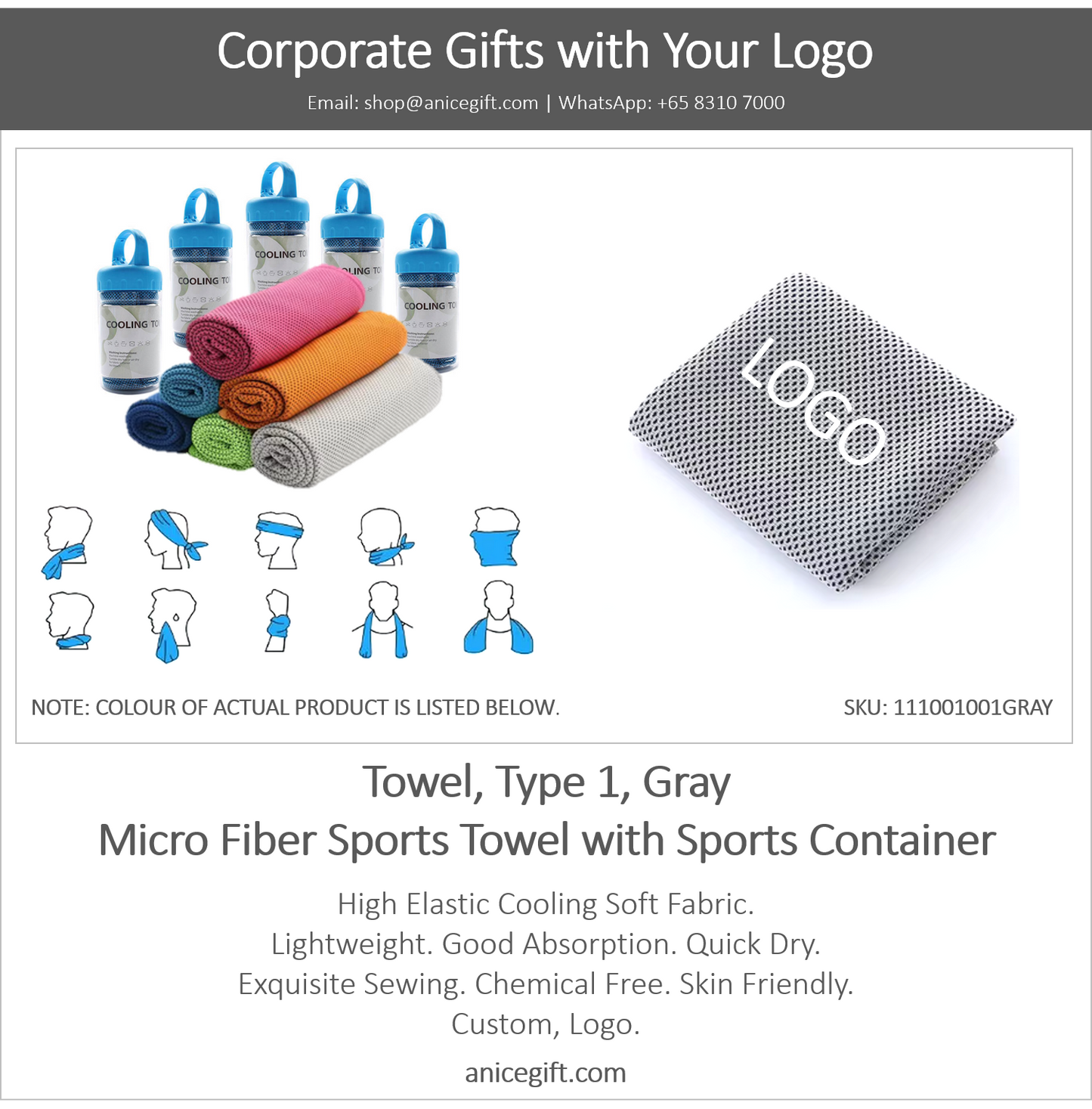 Towel, Type 1, Gray | Micro Fiber Sports Towel with Sports Container