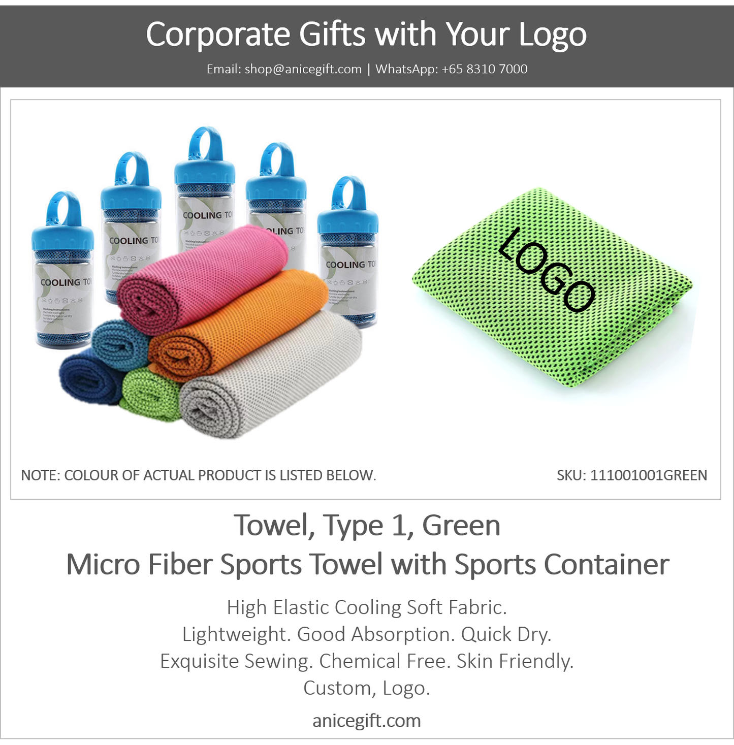 Towel, Type 1, Green | Micro Fiber Sports Towel with Sports Container