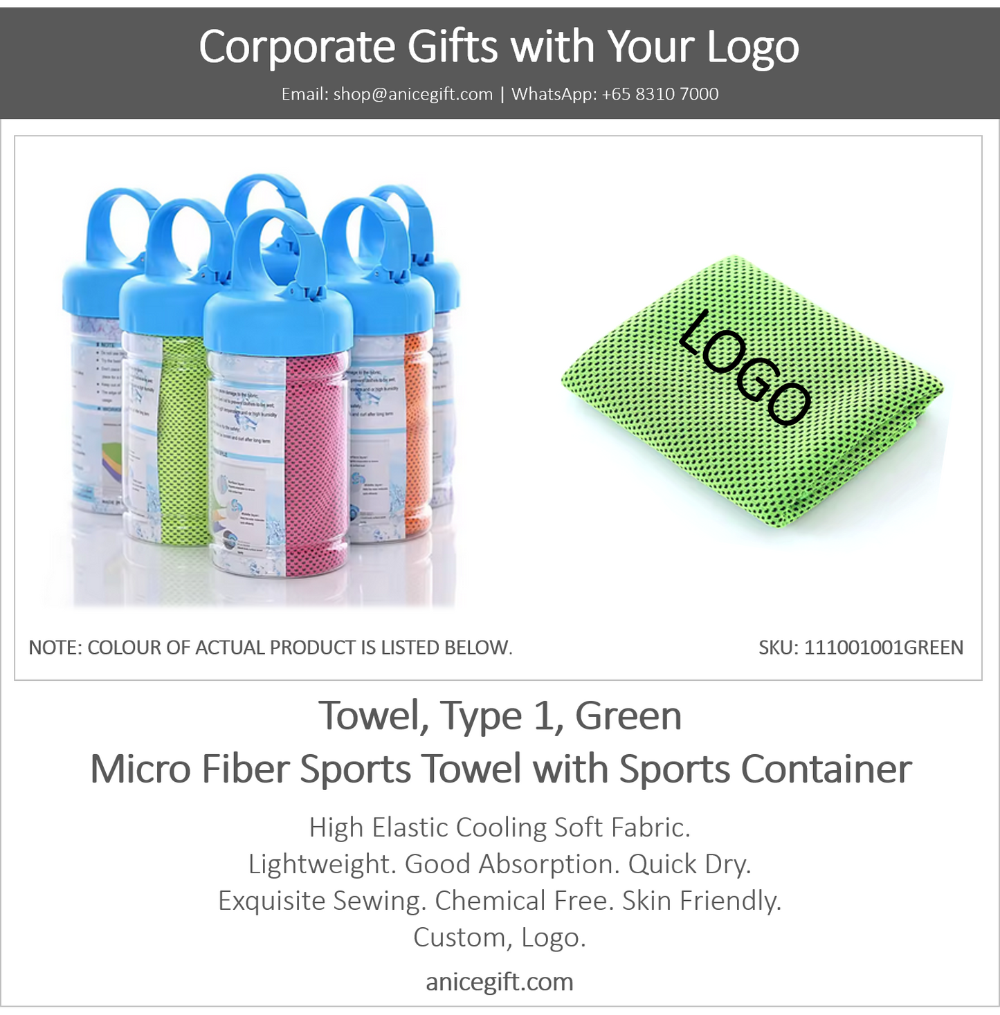 Towel, Type 1, Green | Micro Fiber Sports Towel with Sports Container