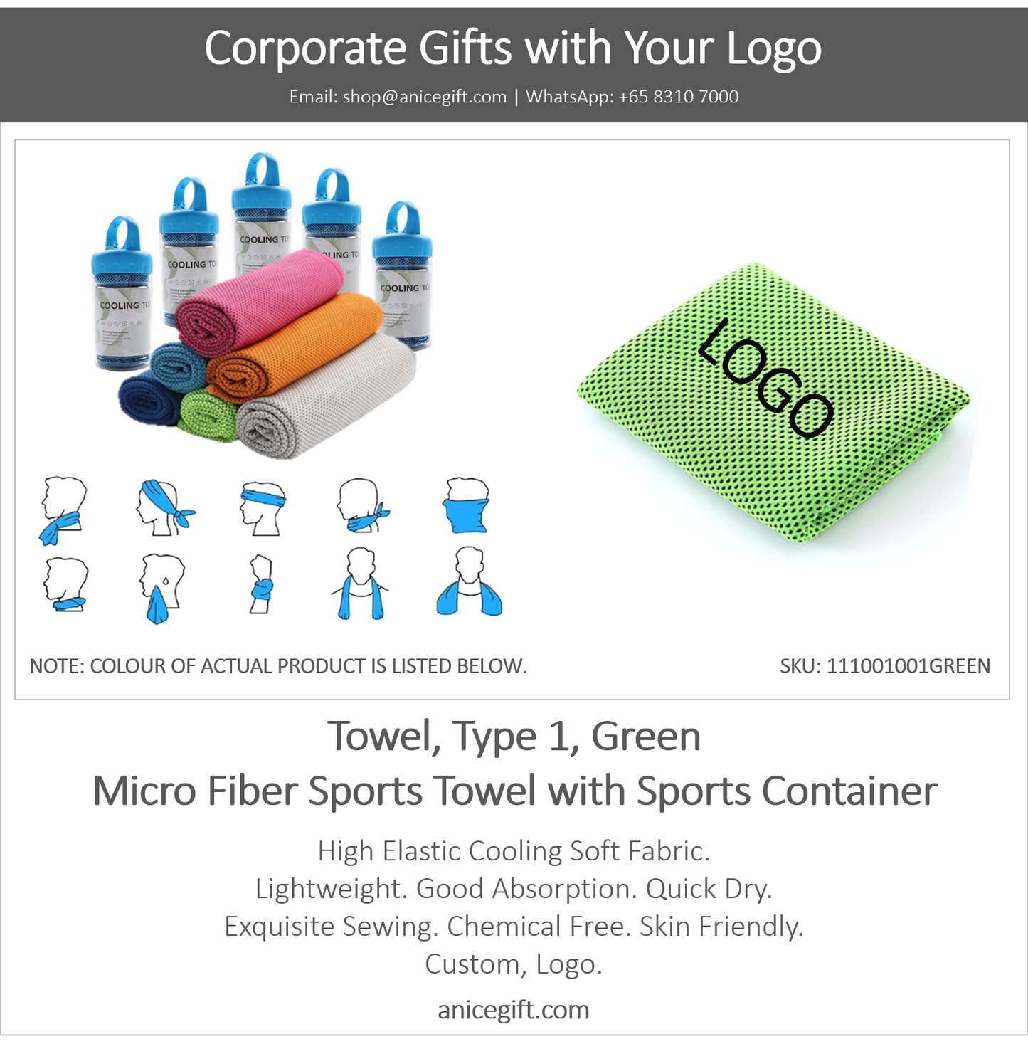 Towel, Type 1, Green | Micro Fiber Sports Towel with Sports Container