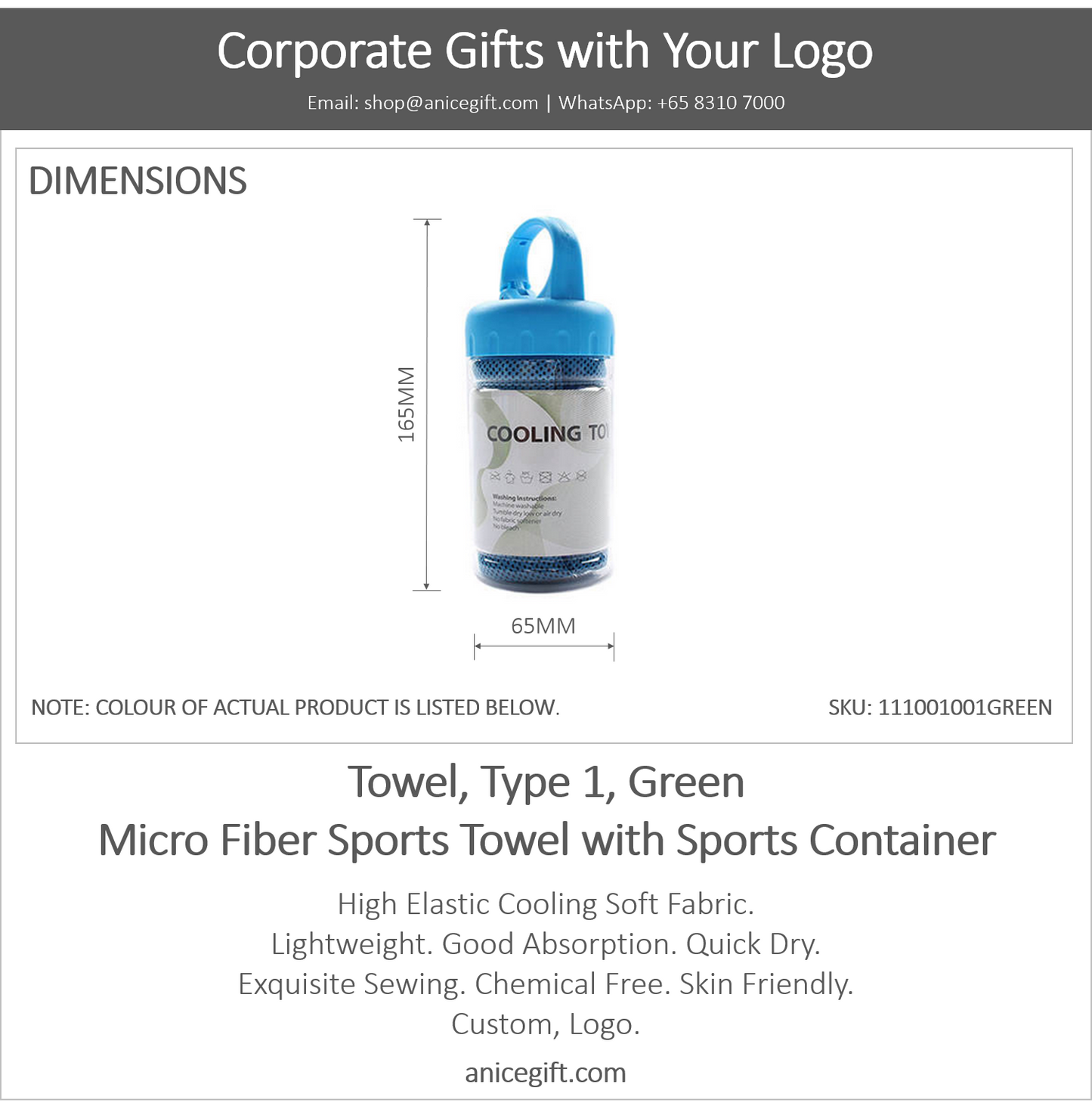 Towel, Type 1, Green | Micro Fiber Sports Towel with Sports Container