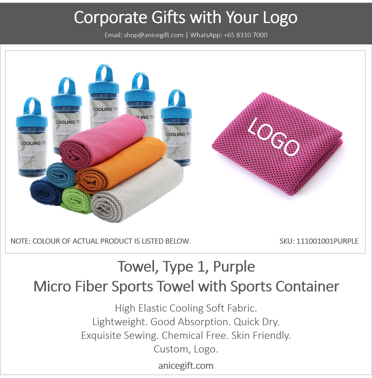 Towel, Type 1, Purple | Micro Fiber Sports Towel with Sports Container