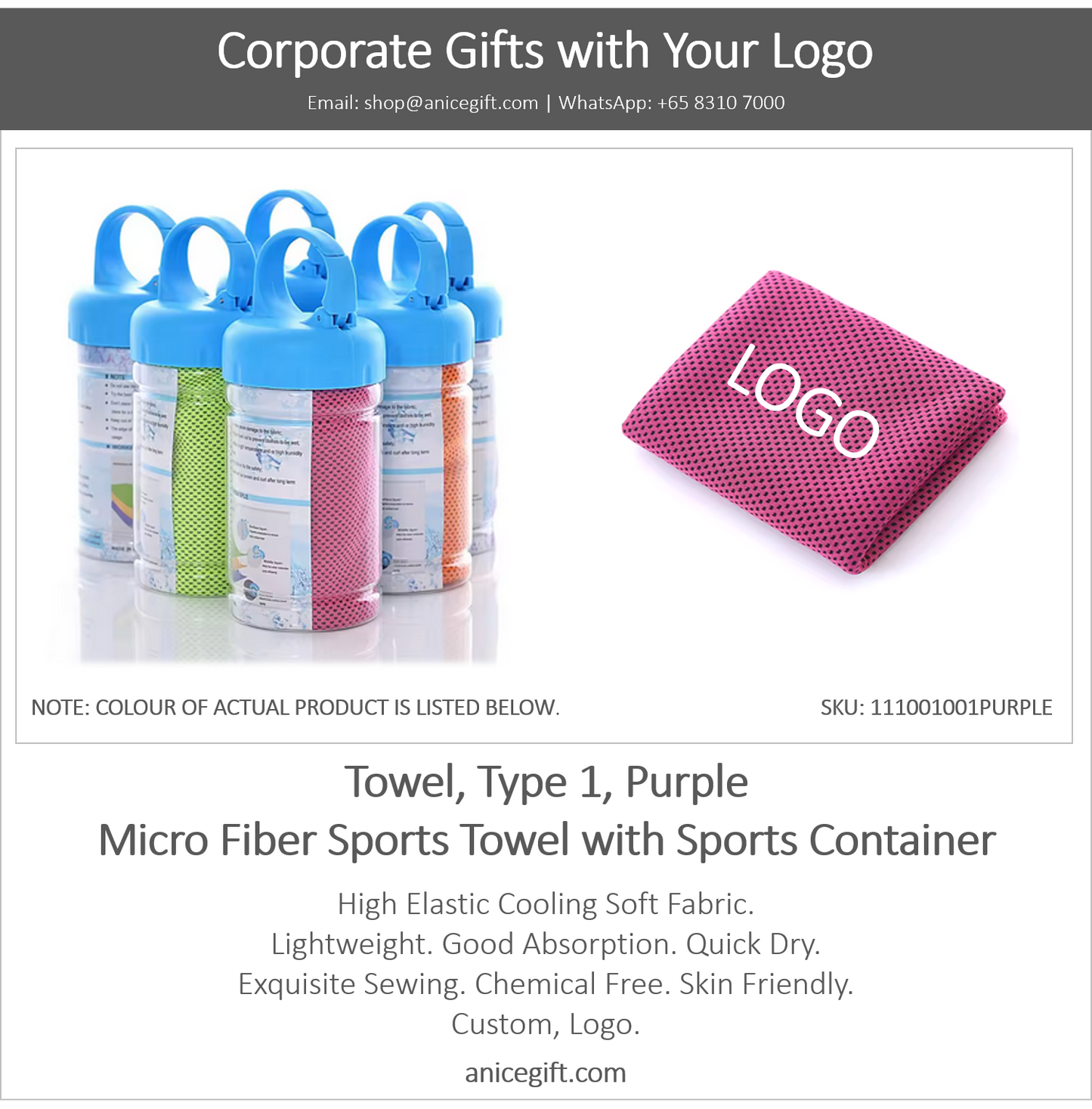 Towel, Type 1, Purple | Micro Fiber Sports Towel with Sports Container