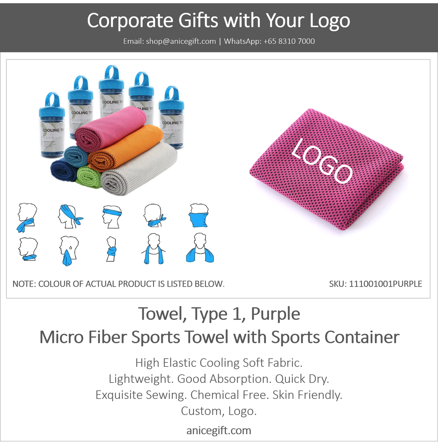Towel, Type 1, Purple | Micro Fiber Sports Towel with Sports Container