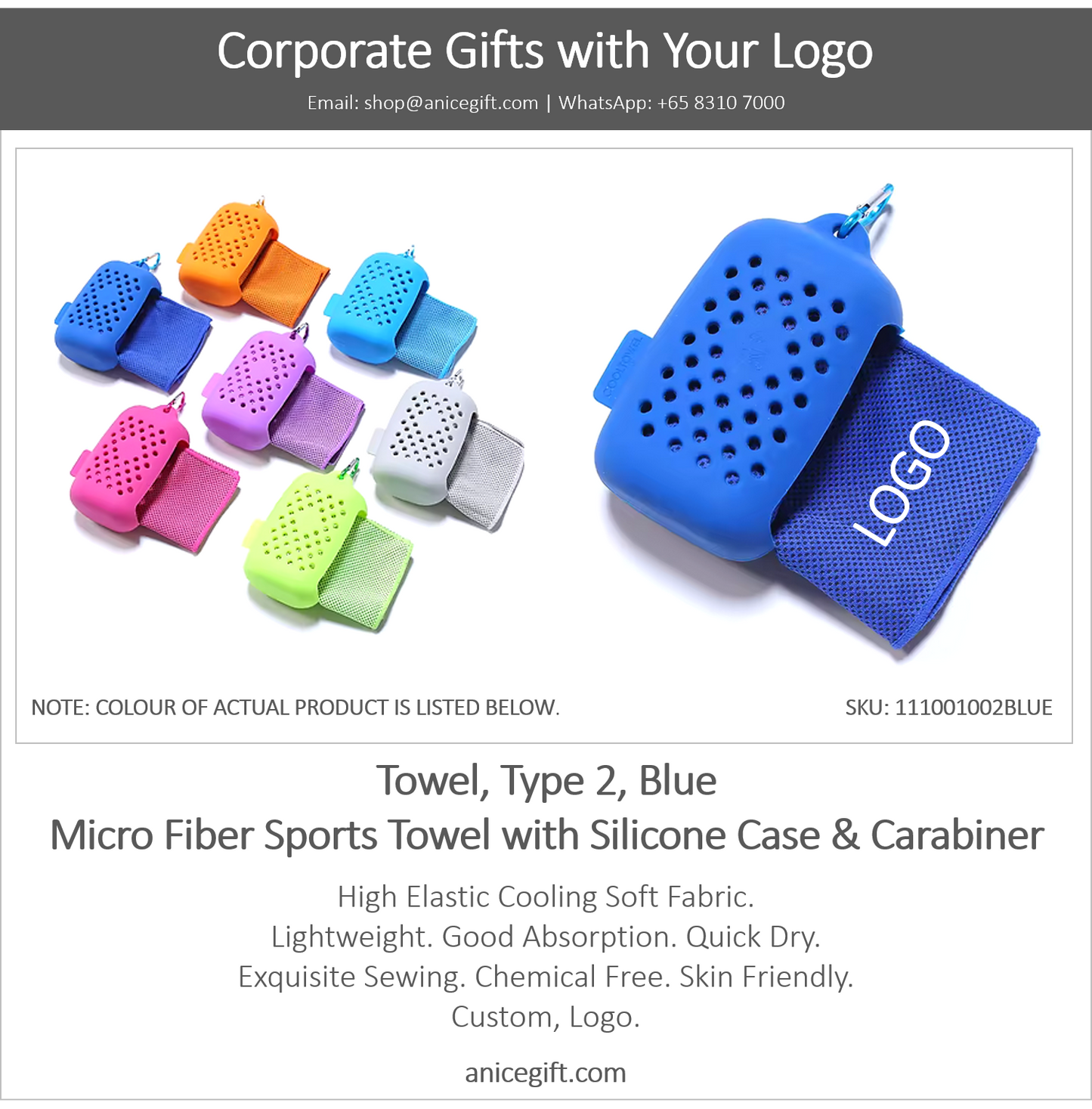 Towel, Type 2, Blue | Micro Fiber Sports Towel with Silicone Case & Carabiner