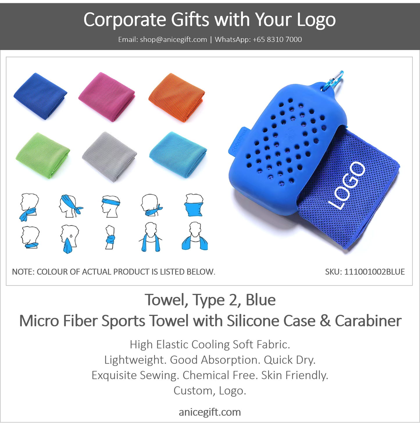 Towel, Type 2, Blue | Micro Fiber Sports Towel with Silicone Case & Carabiner