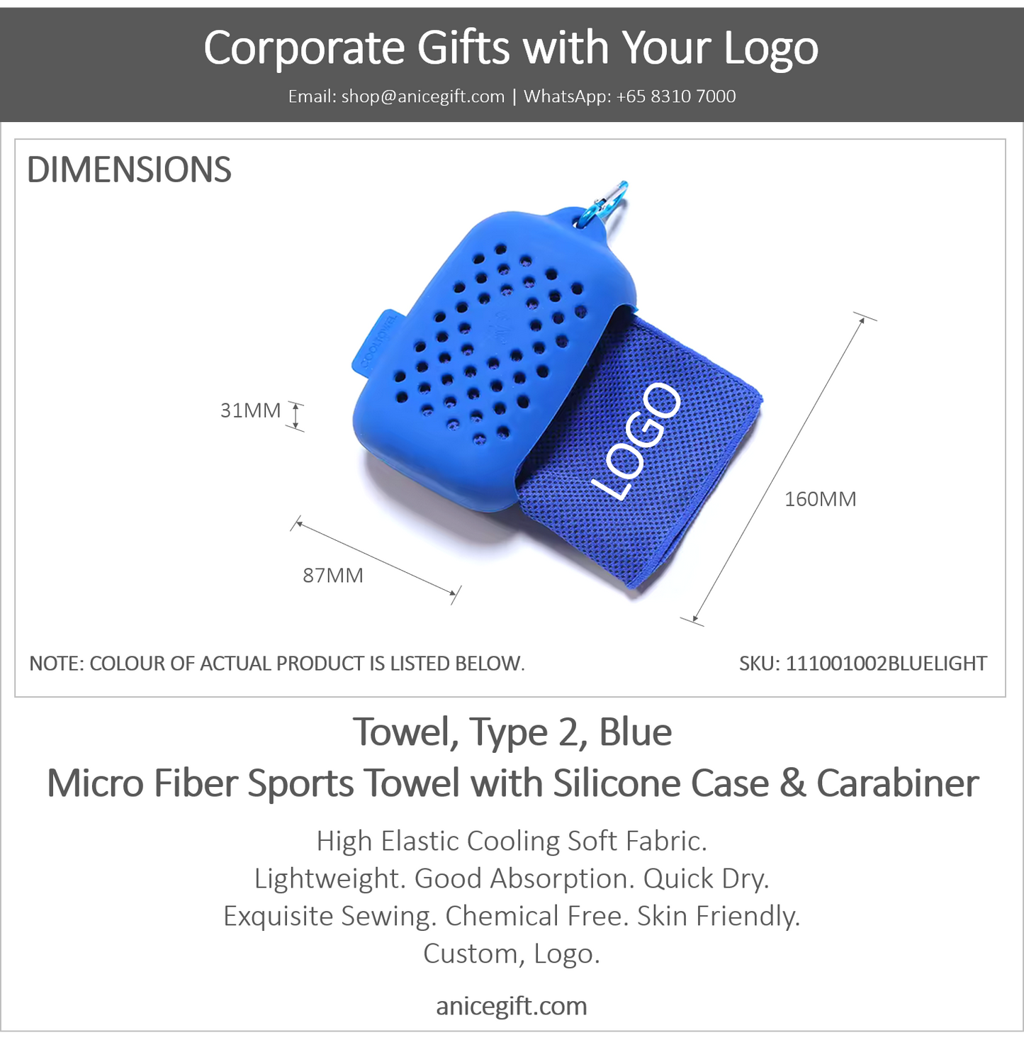 Towel, Type 2, Blue | Micro Fiber Sports Towel with Silicone Case & Carabiner