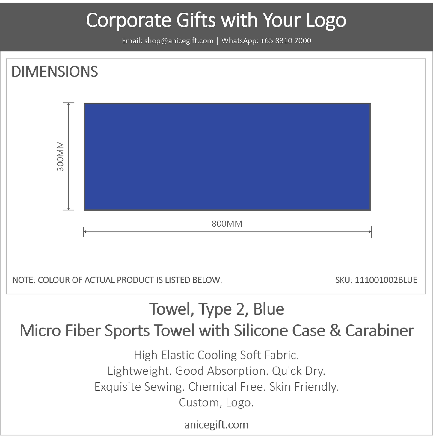 Towel, Type 2, Blue | Micro Fiber Sports Towel with Silicone Case & Carabiner