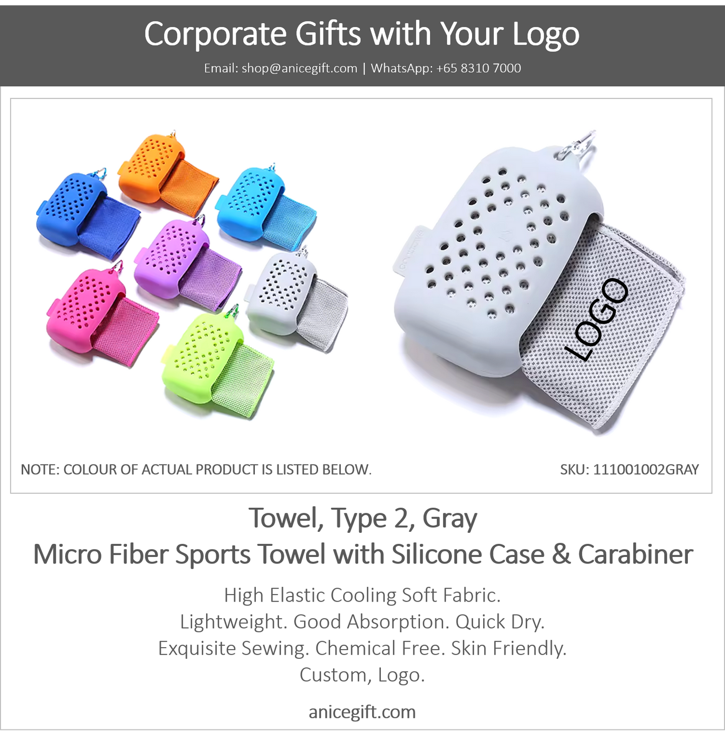 Towel, Type 2, Gray | Micro Fiber Sports Towel with Silicone Case & Carabiner