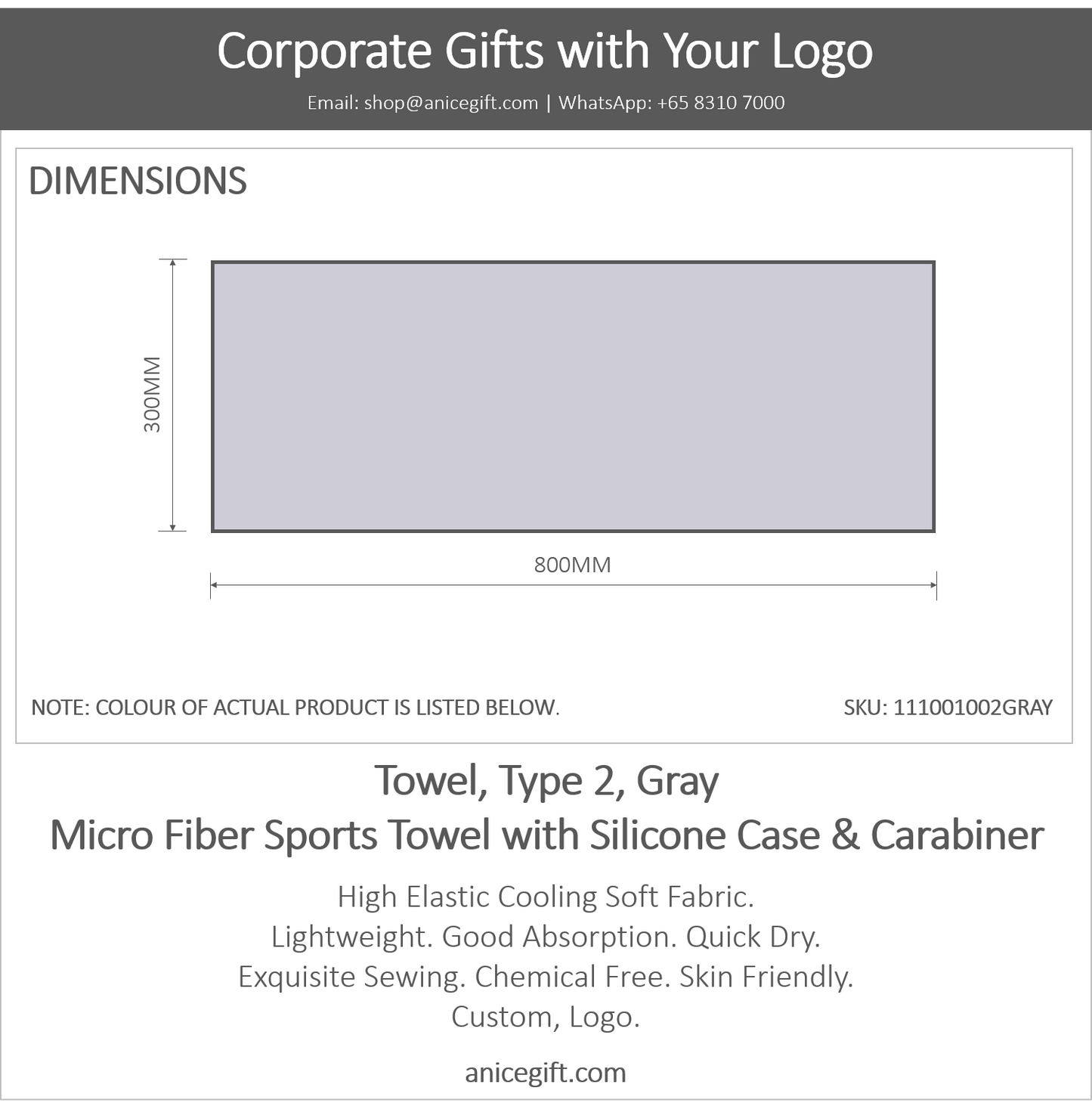 Towel, Type 2, Gray | Micro Fiber Sports Towel with Silicone Case & Carabiner