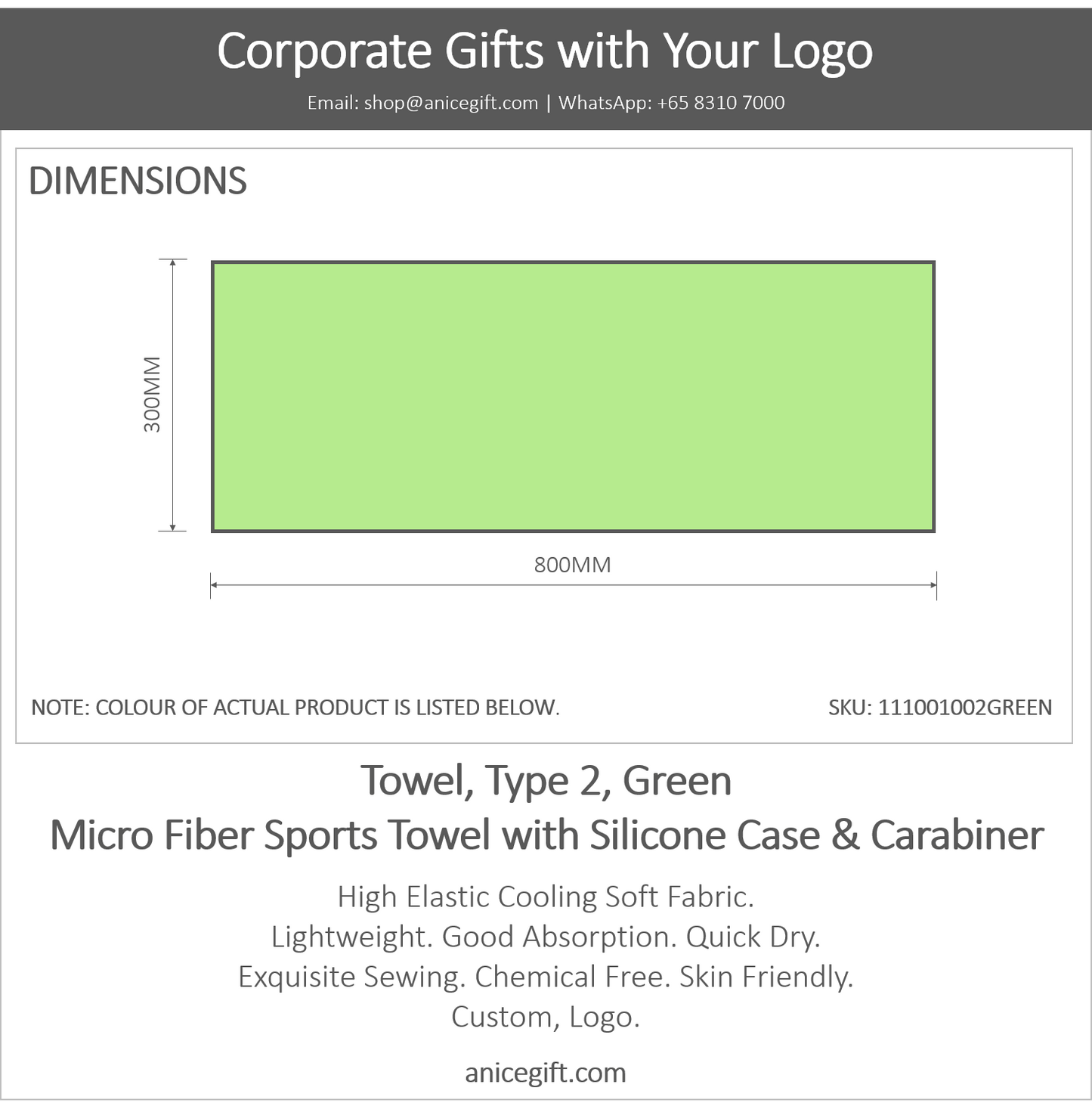 Towel, Type 2, Green | Micro Fiber Sports Towel with Silicone Case & Carabiner