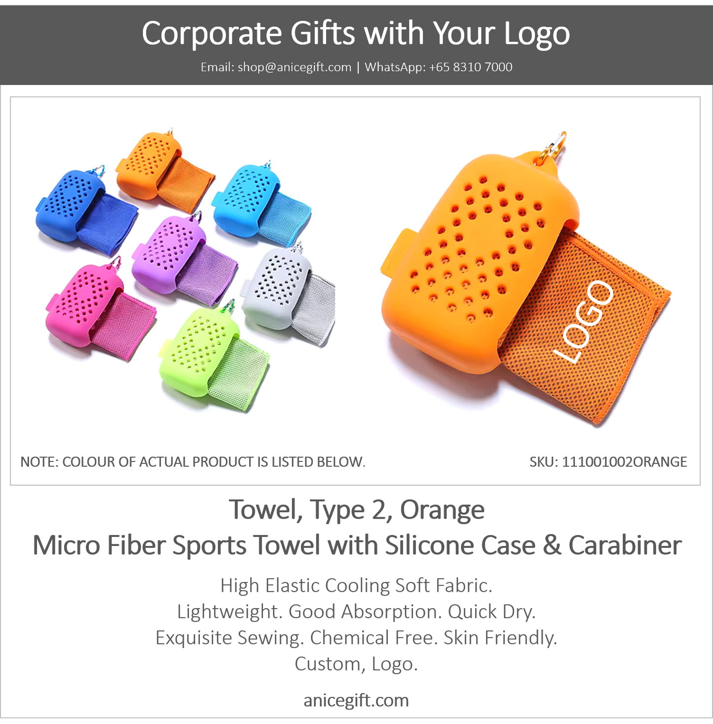 Towel, Type 2, Orange | Micro Fiber Sports Towel with Silicone Case & Carabiner