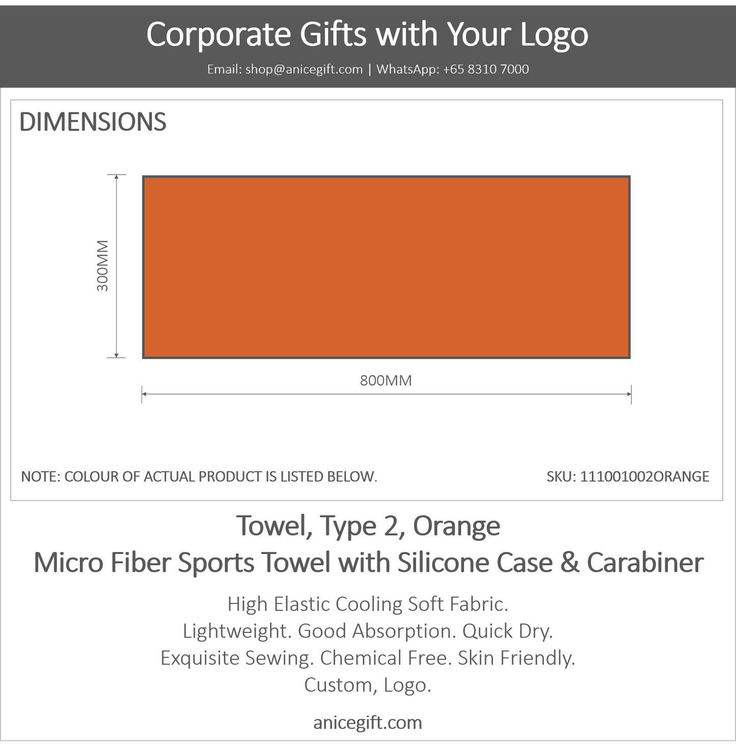 Towel, Type 2, Orange | Micro Fiber Sports Towel with Silicone Case & Carabiner