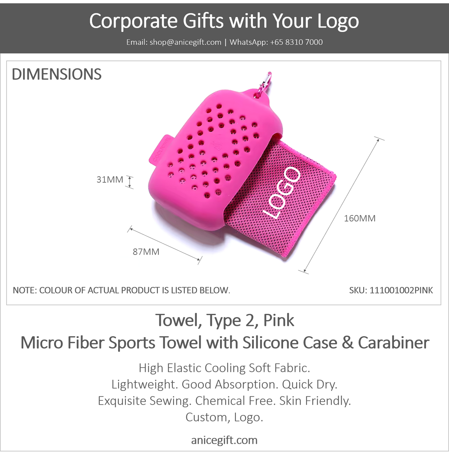 Towel, Type 2, Pink | Micro Fiber Sports Towel with Silicone Case & Carabiner