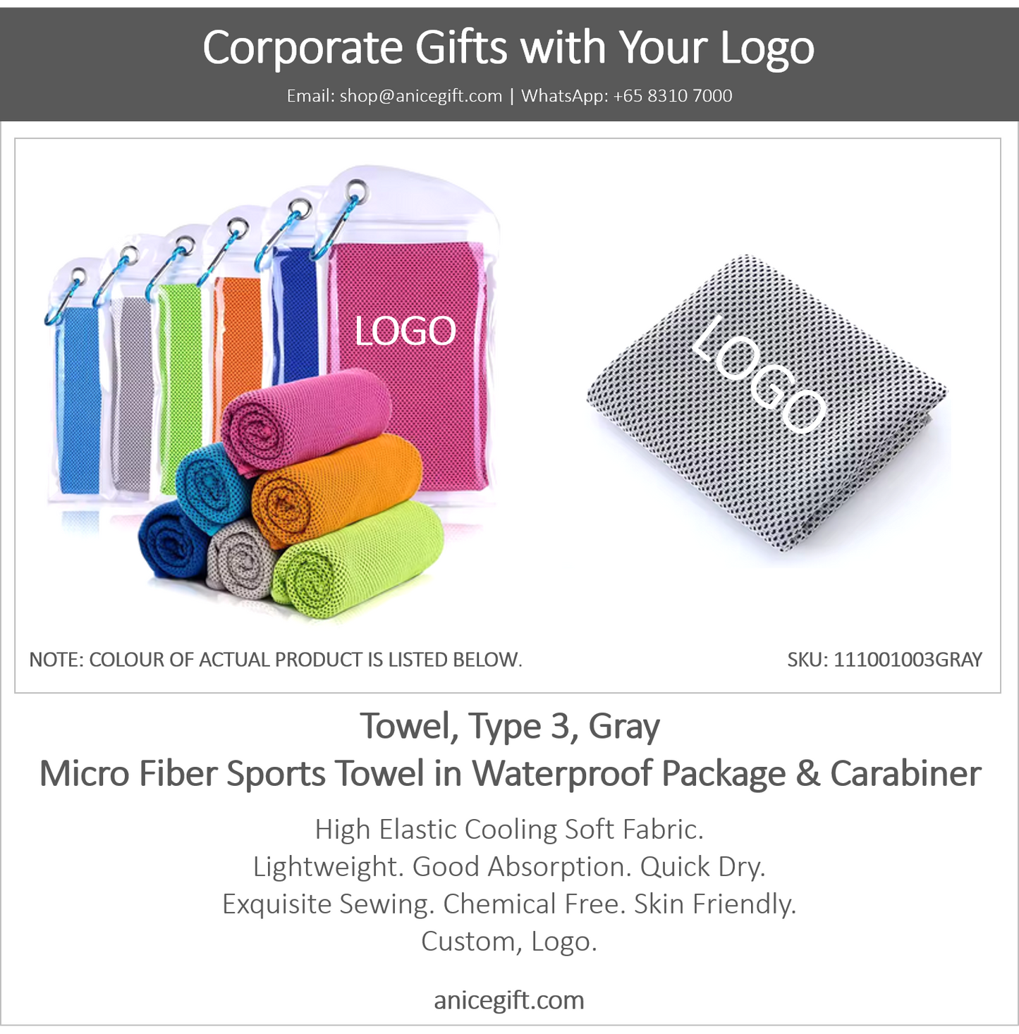 Towel, Type 3, Gray | Micro Fiber Sports Towel in Waterproof Package & Crabiner