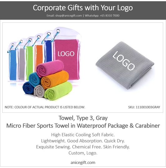 Towel, Type 3, Gray | Micro Fiber Sports Towel in Waterproof Package & Crabiner