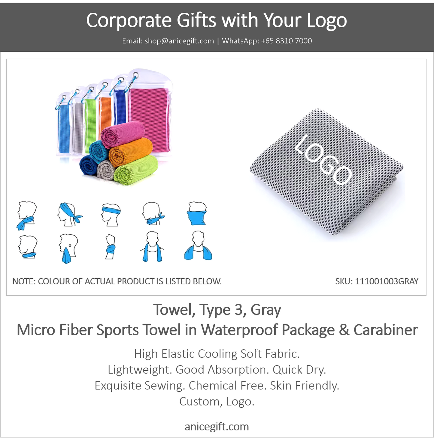 Towel, Type 3, Gray | Micro Fiber Sports Towel in Waterproof Package & Crabiner