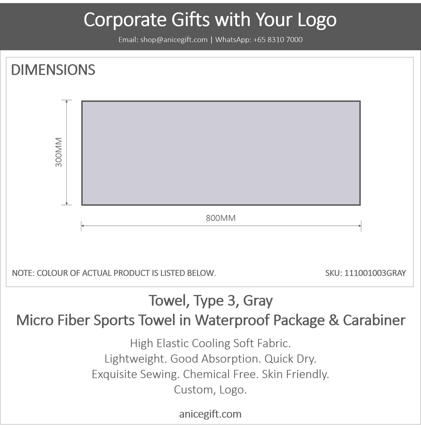 Towel, Type 3, Gray | Micro Fiber Sports Towel in Waterproof Package & Crabiner