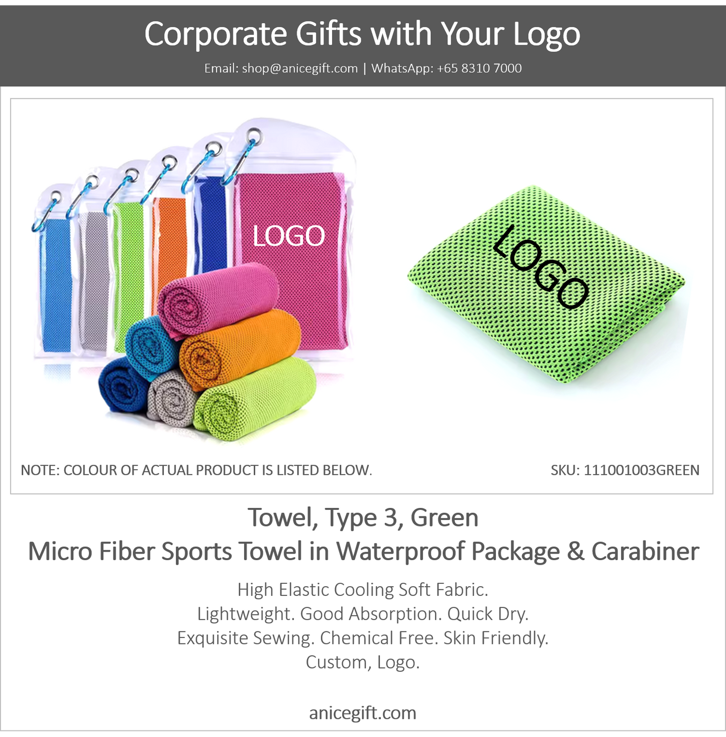 Towel, Type 3, Green | Micro Fiber Sports Towel in Waterproof Package & Crabiner