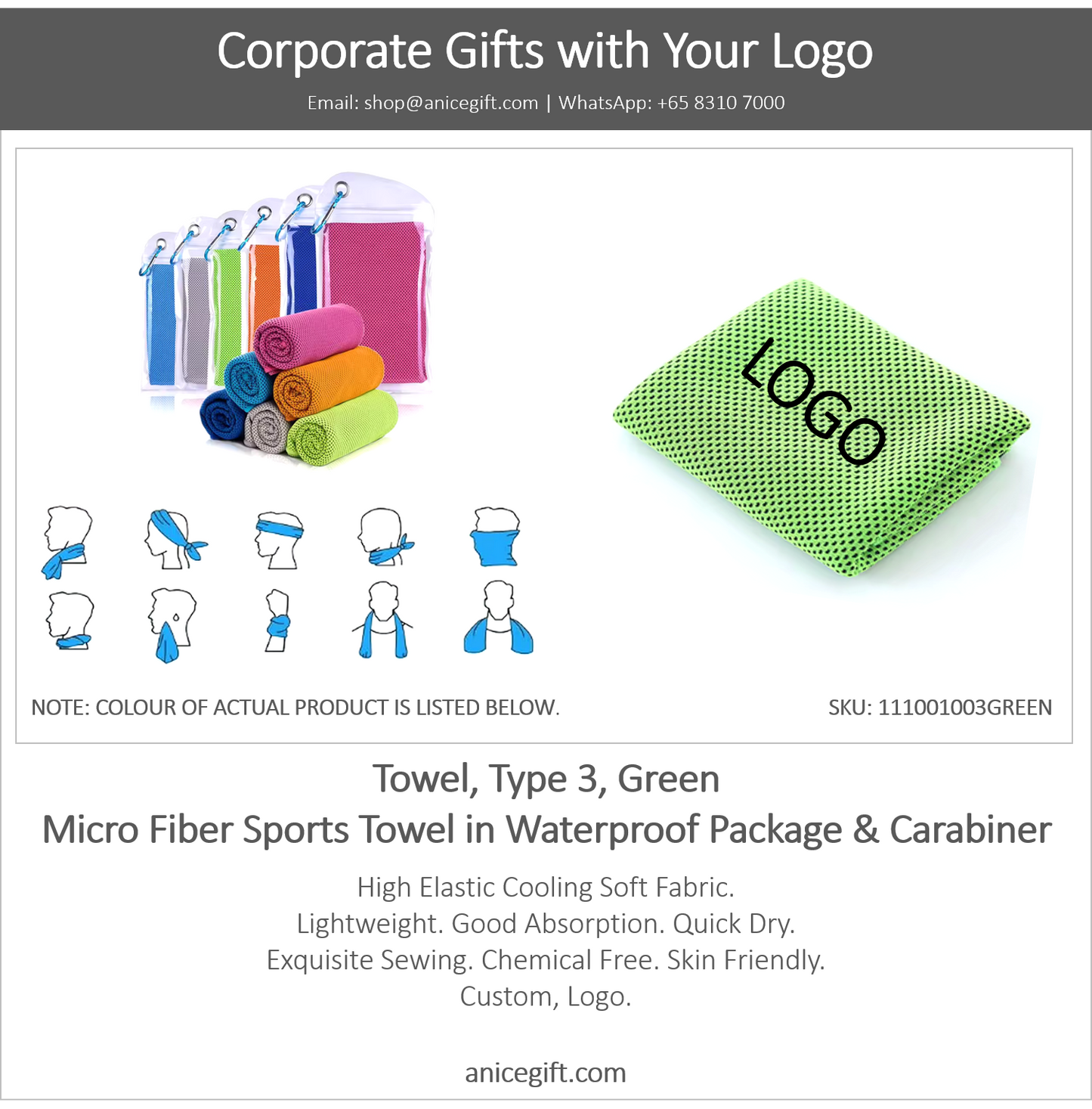 Towel, Type 3, Green | Micro Fiber Sports Towel in Waterproof Package & Crabiner