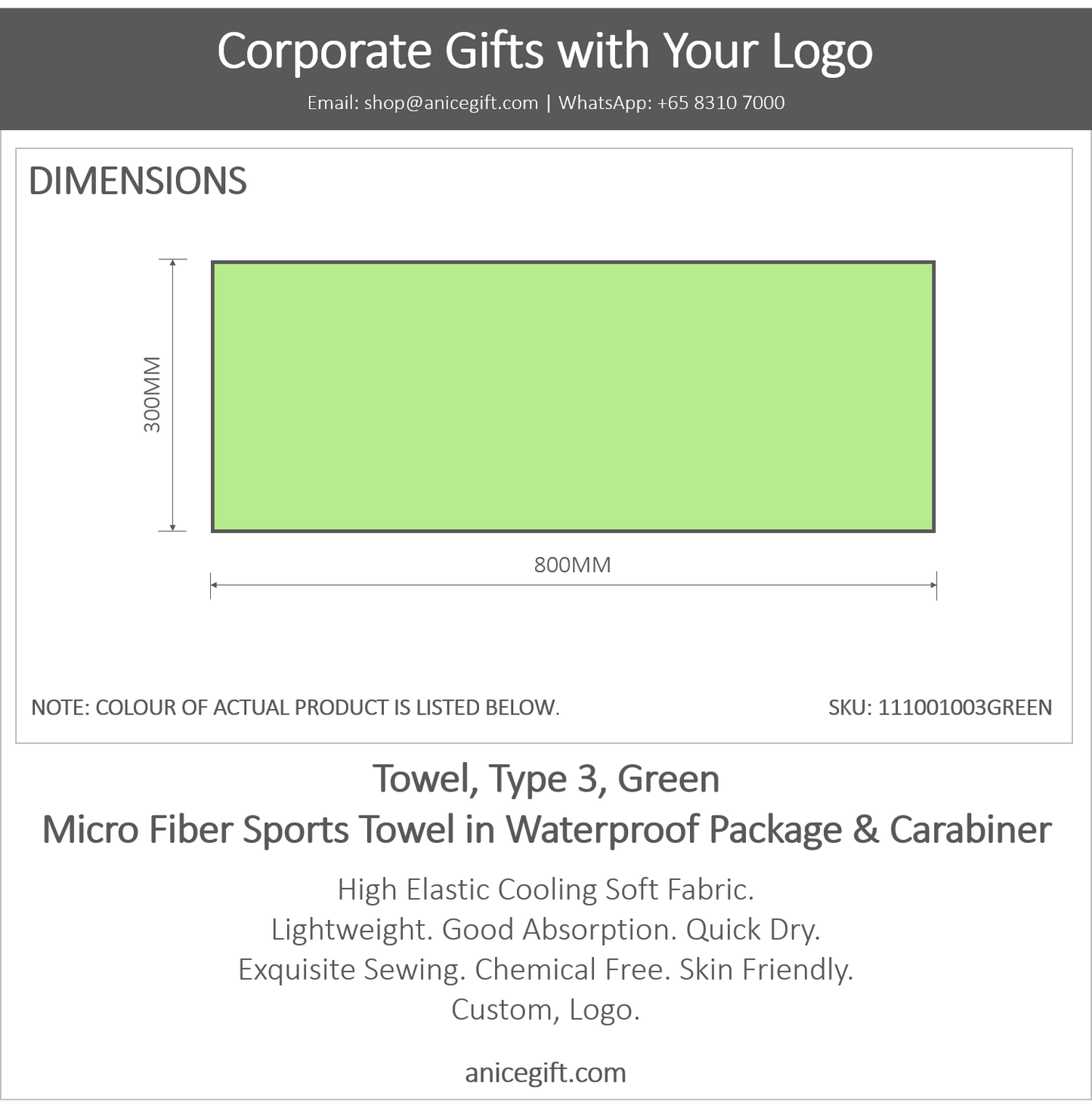 Towel, Type 3, Green | Micro Fiber Sports Towel in Waterproof Package & Crabiner