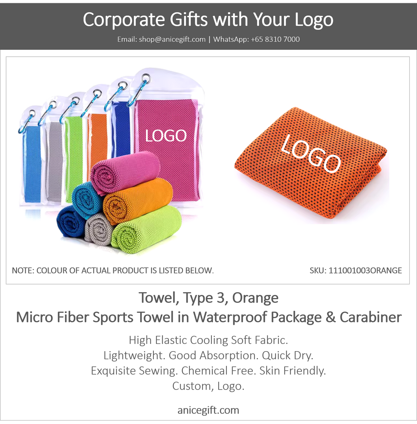 Towel, Type 3, Orange | Micro Fiber Sports Towel in Waterproof Package & Crabiner