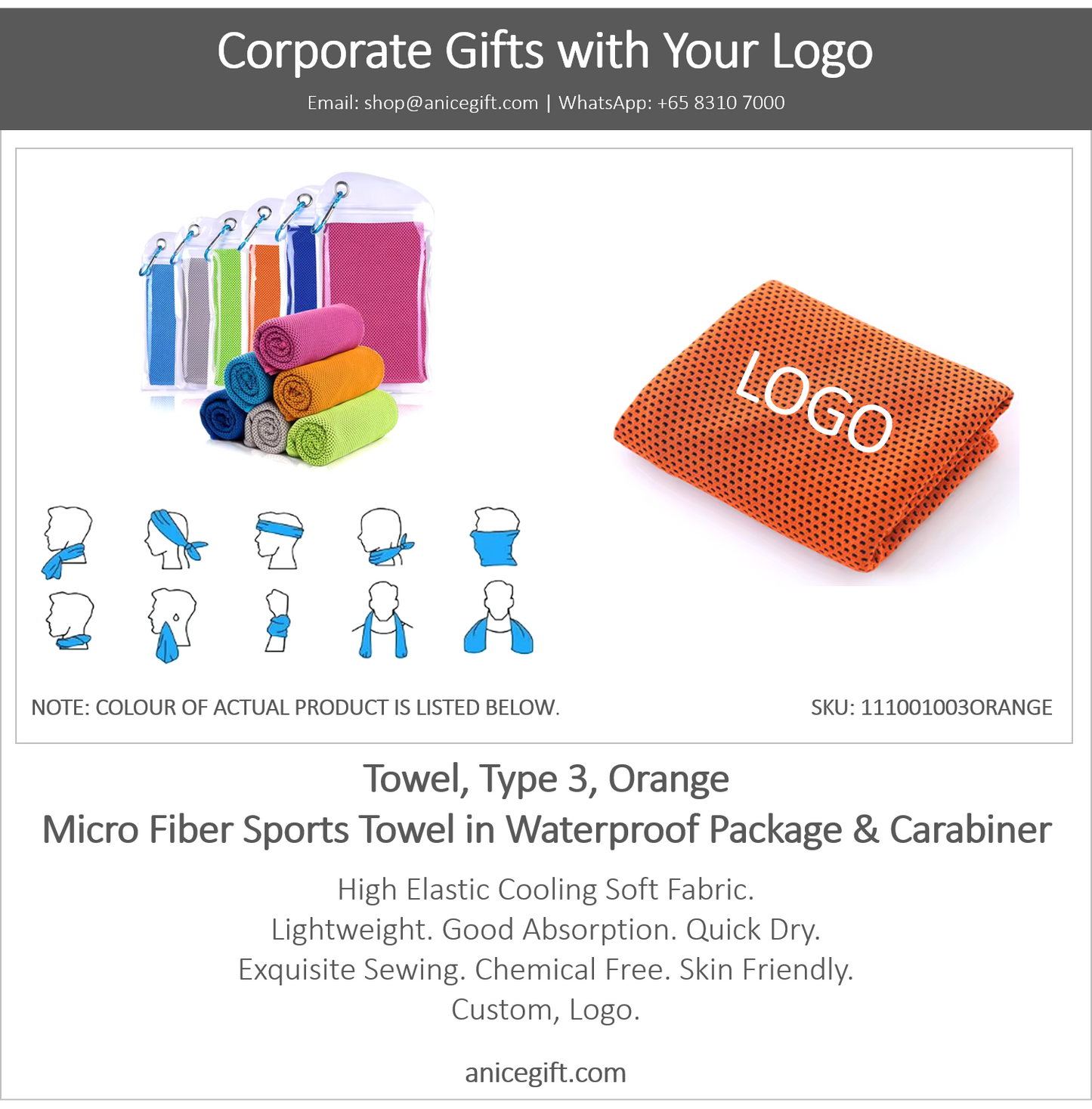 Towel, Type 3, Orange | Micro Fiber Sports Towel in Waterproof Package & Crabiner