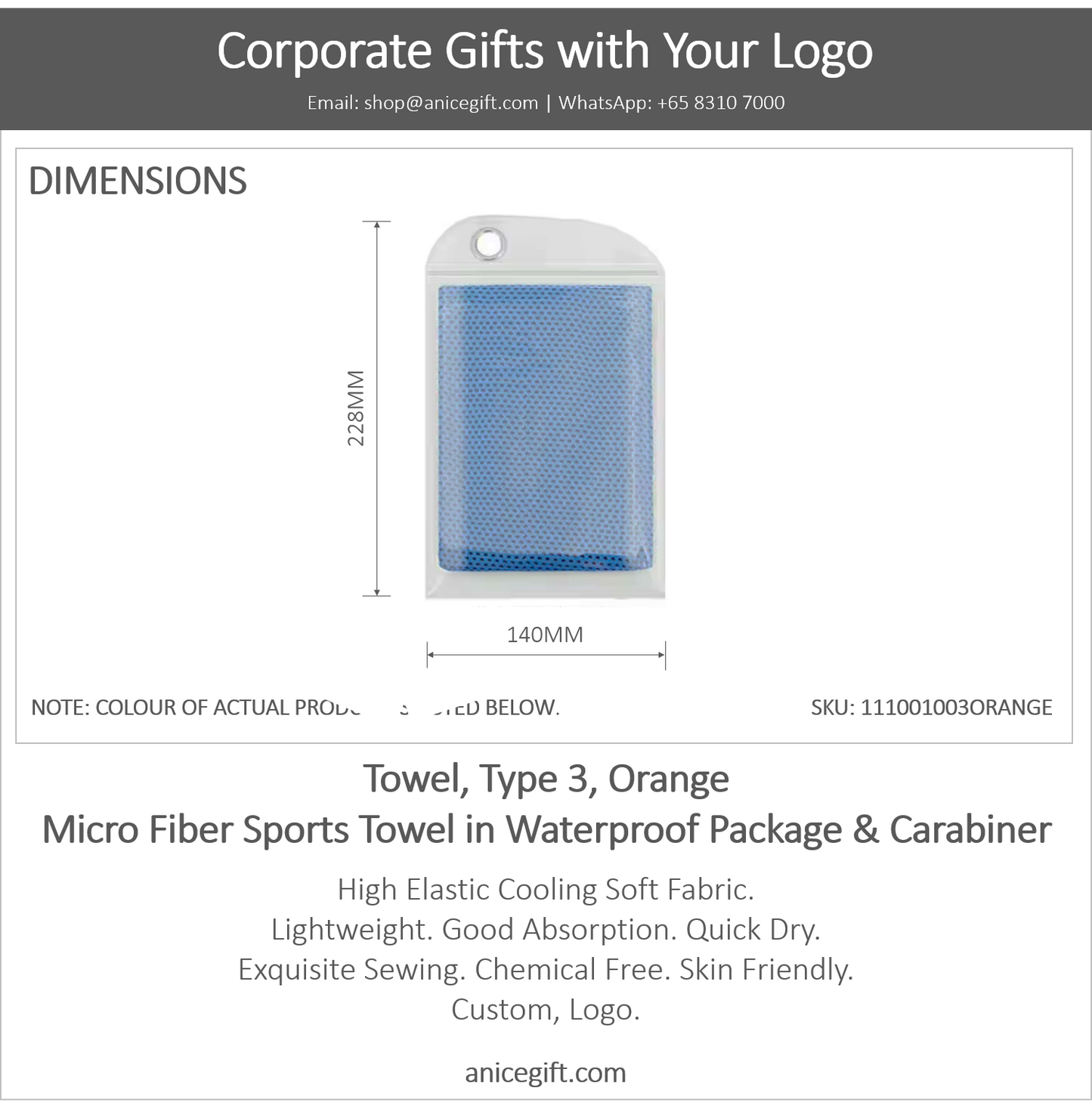 Towel, Type 3, Orange | Micro Fiber Sports Towel in Waterproof Package & Crabiner