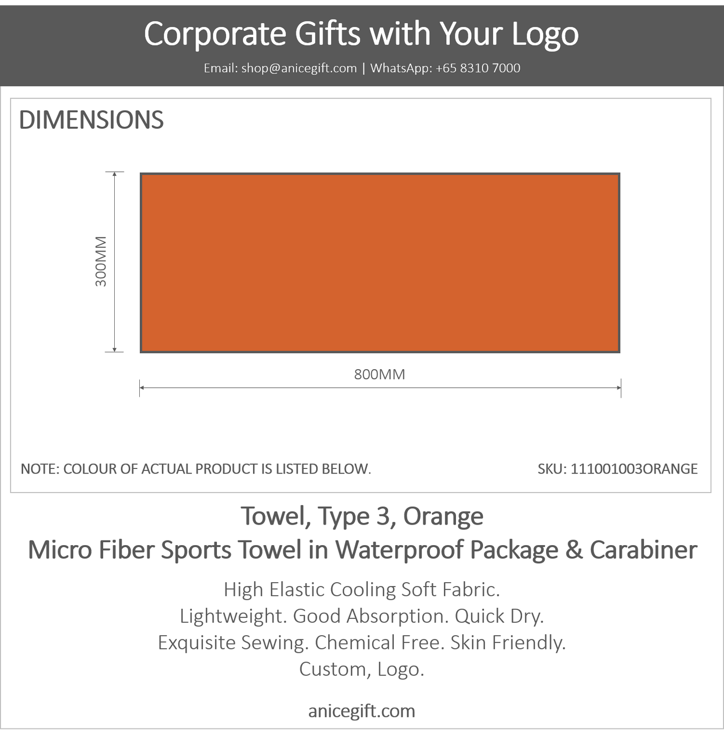 Towel, Type 3, Orange | Micro Fiber Sports Towel in Waterproof Package & Crabiner